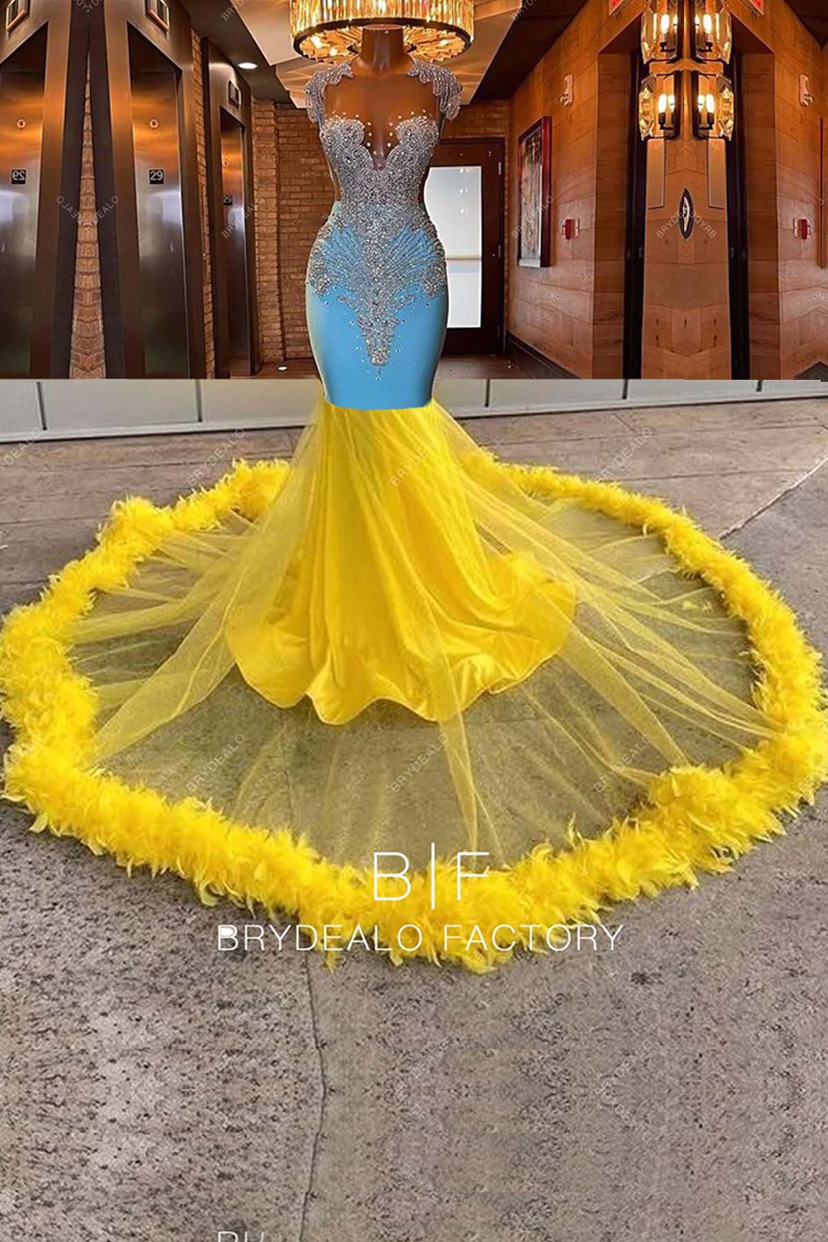 Sparkly Crystals Two-Tone Mermaid Feather Long Train Prom Formal Dress