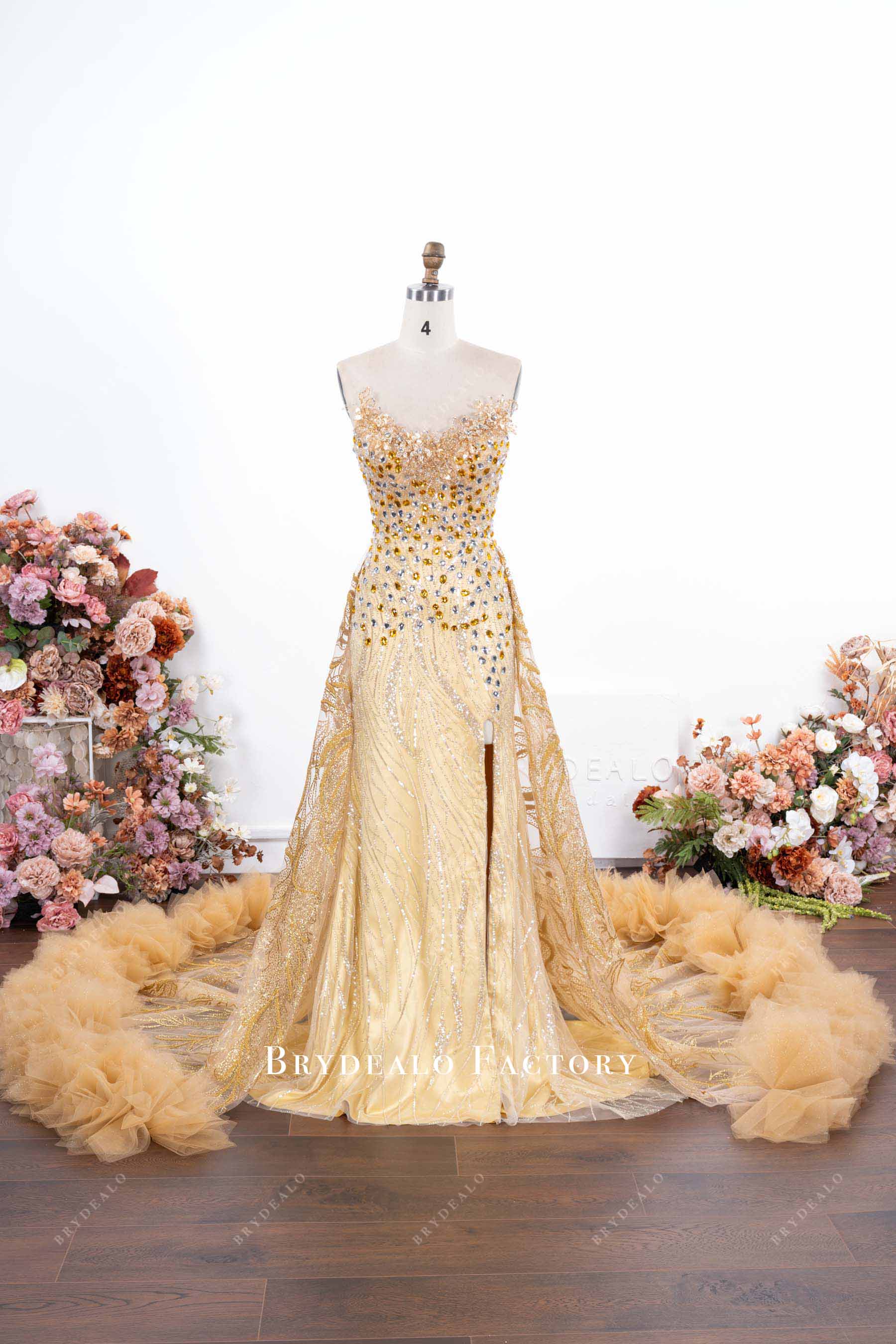 Gold Rhinestone Neck Detachable Ruffled Overskirt Prom Gown, Gold / Overskirt Only