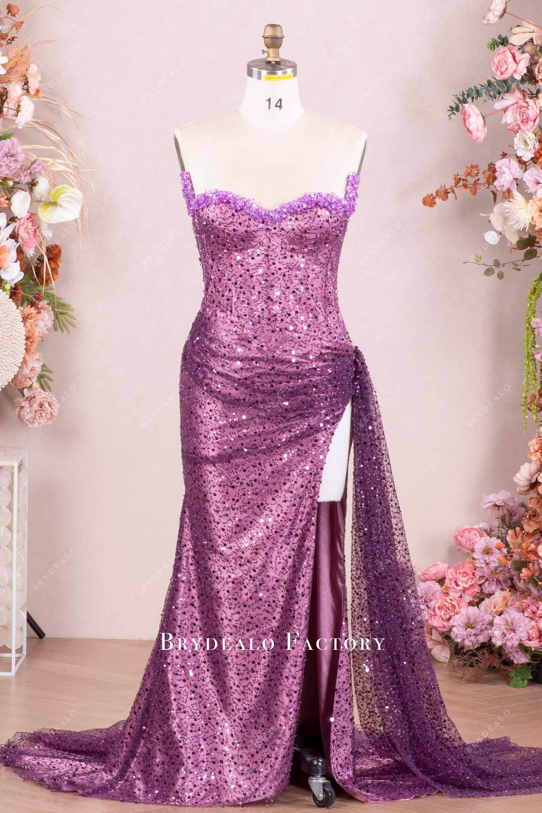Purple Strapless Rhinestone Sweetheart Sparkly Mermaid Prom Dress