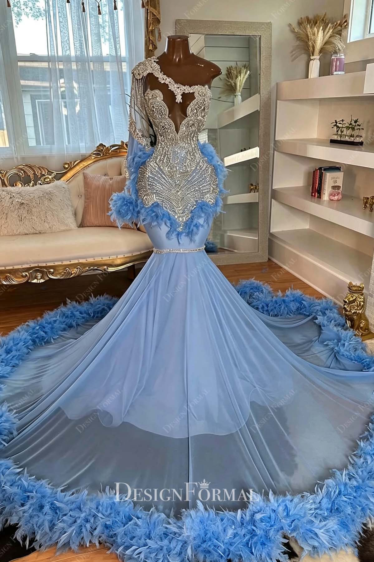 Sparkly Rhinestones Blue Feather Asymmetrical Prom Dress