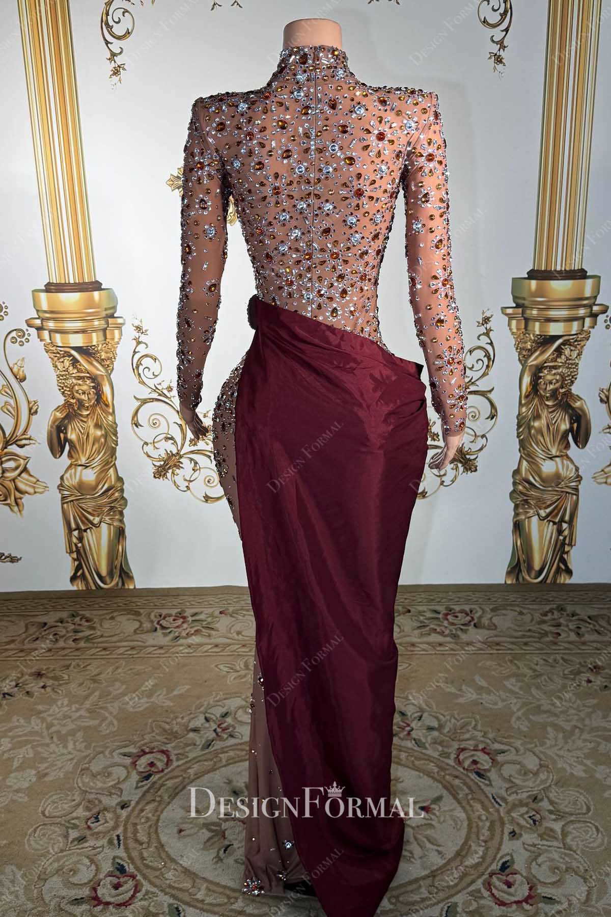 sparkly rhinestones burgundy panel prom dress