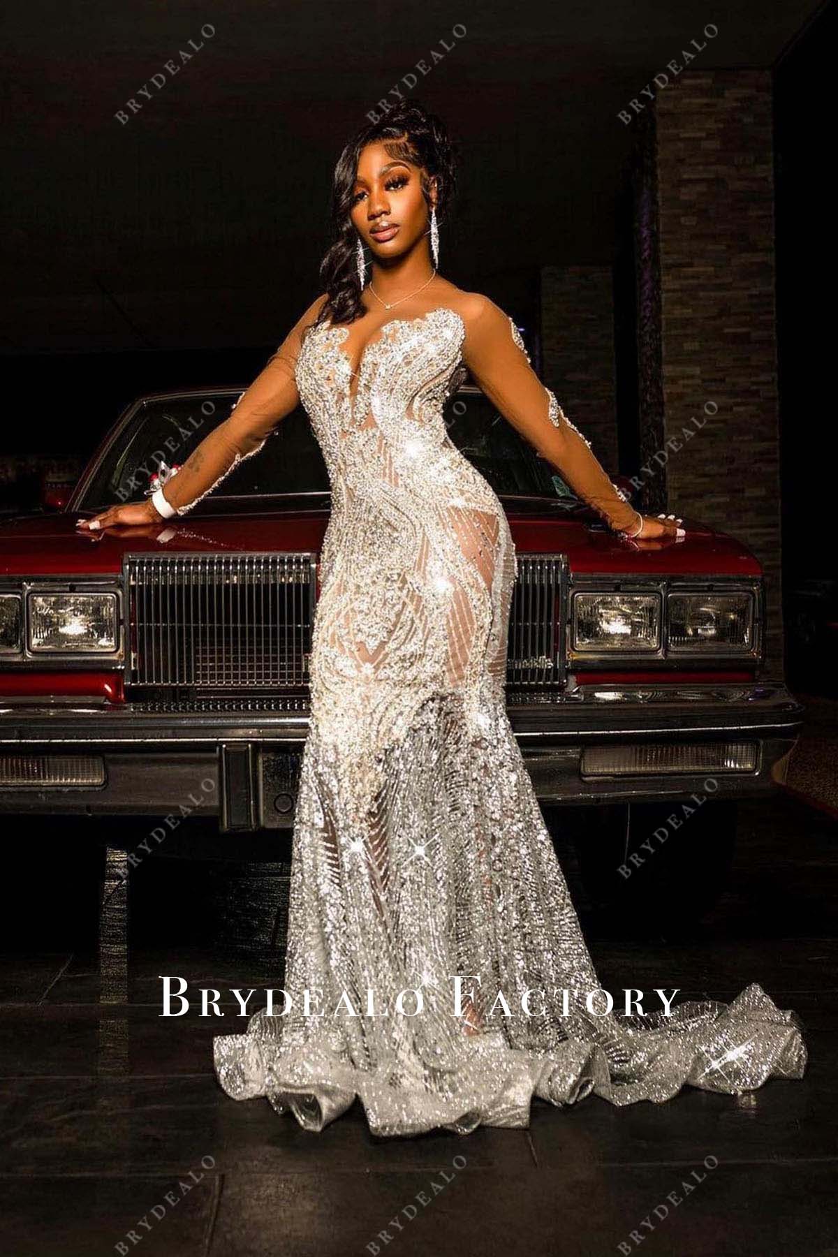 Sparkly Sheer Sleeves Horsehair Mermaid Prom Dress Sparkly Sheer Sleeves Horsehair Mermaid Prom Dress
