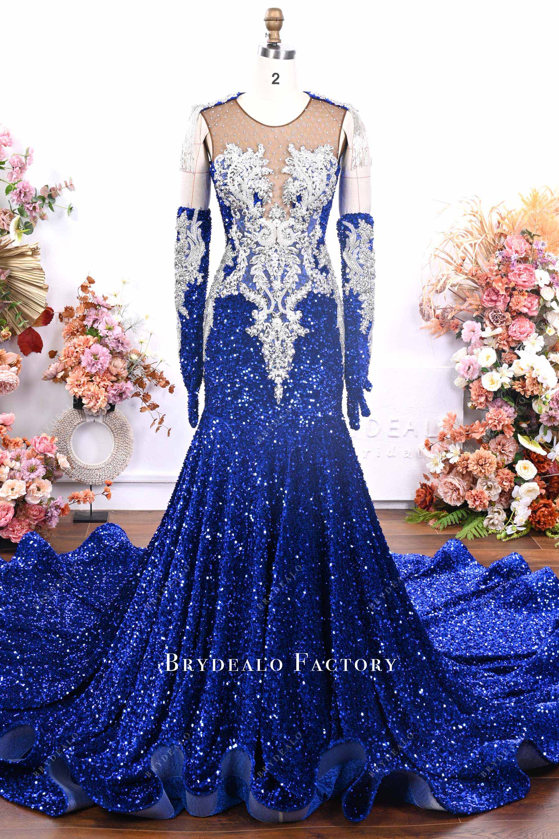 Rhinestones Royal Blue Sequin Tassels Mermaid Prom Dress, Dress + Gloves