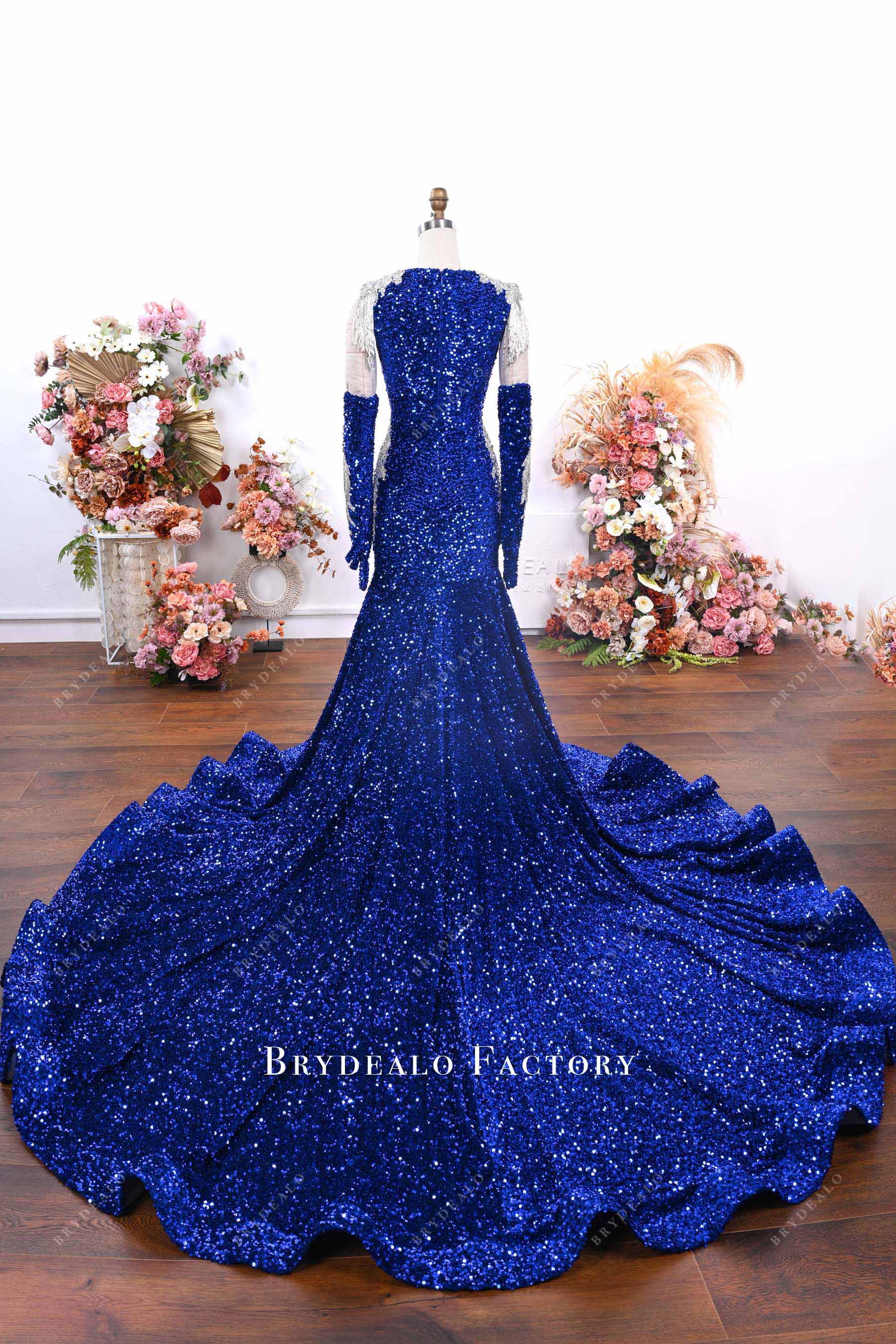 sparkly royal blue sequin long train formal gown