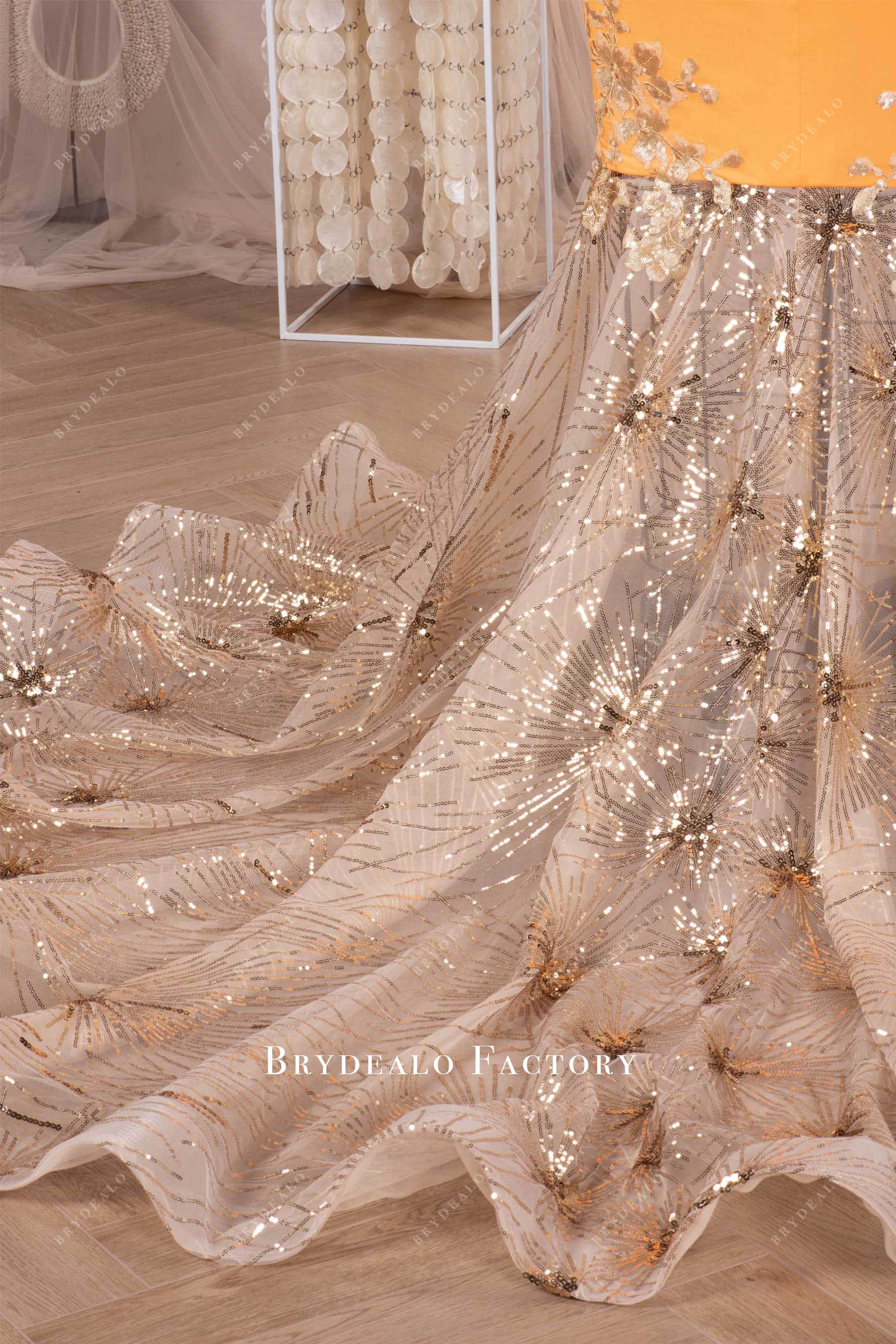 sparkly ruffled long train trumpet prom dress