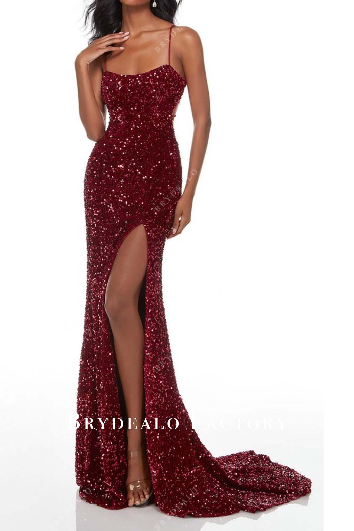 Burgundy Sequin Stretchy Spaghetti Straps Slit Mermaid Prom Dress Burgundy Sequin Stretchy Spaghetti Straps Slit Mermaid Prom Dress