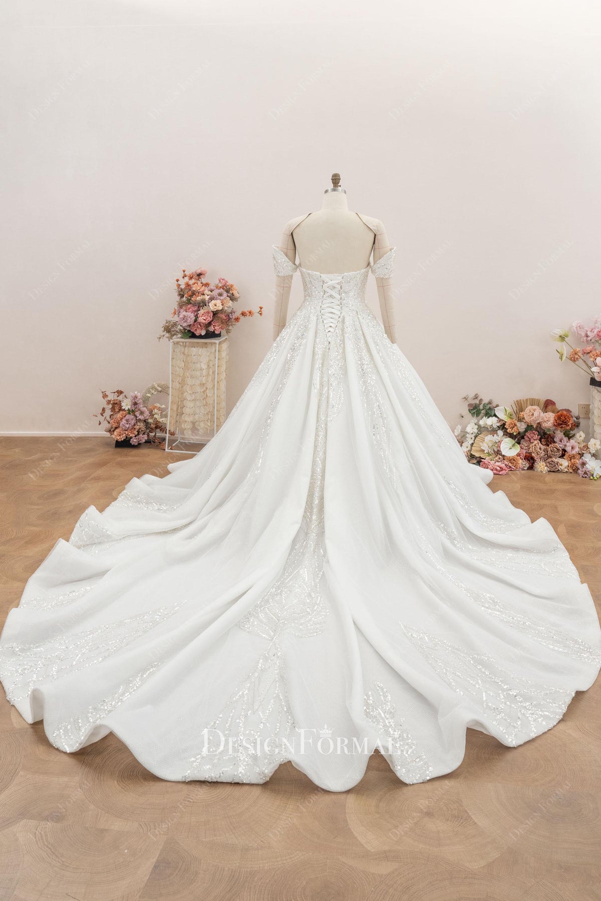 sparkly sequin lace long train wedding dress
