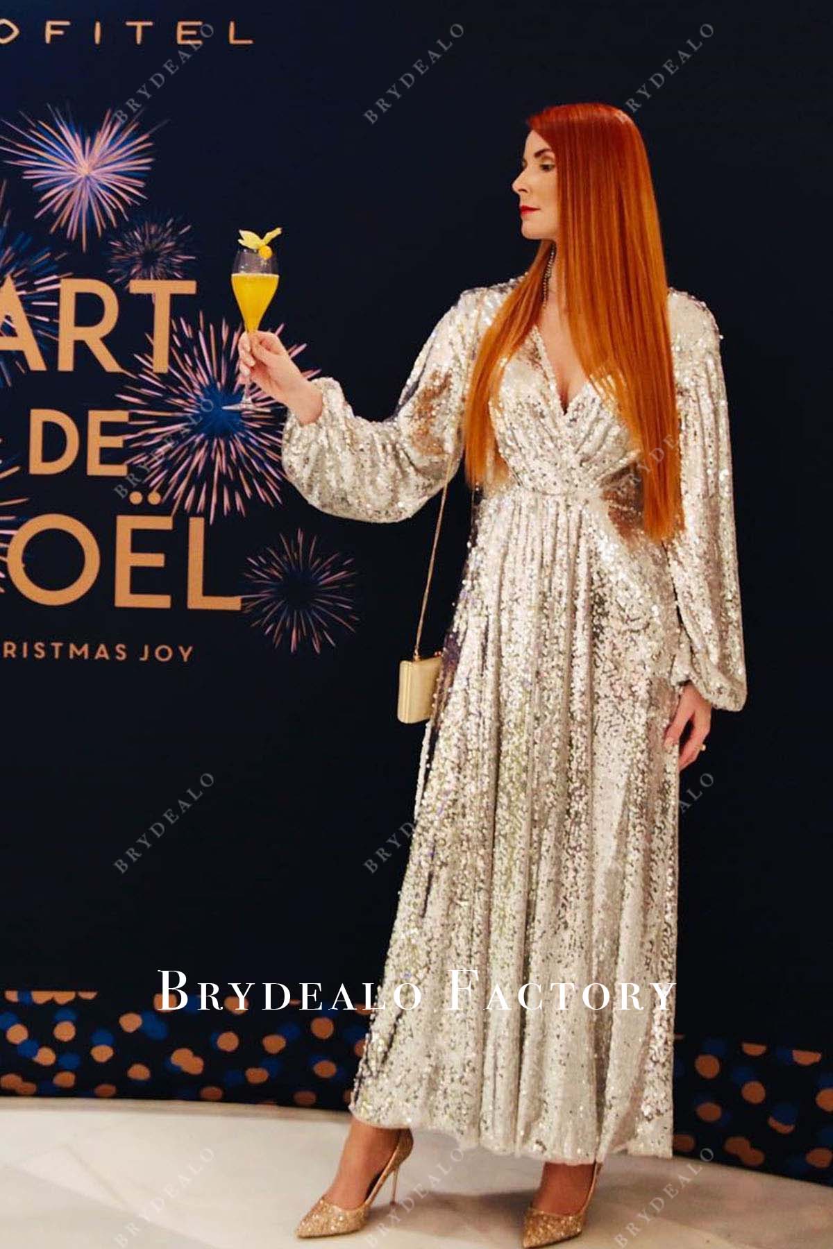 VC Dresses For Women 2022 Deep V Plunge Sexy Long Sleeves Ankle Length Sequins Bodycon Clothes Evening Dress Vestido