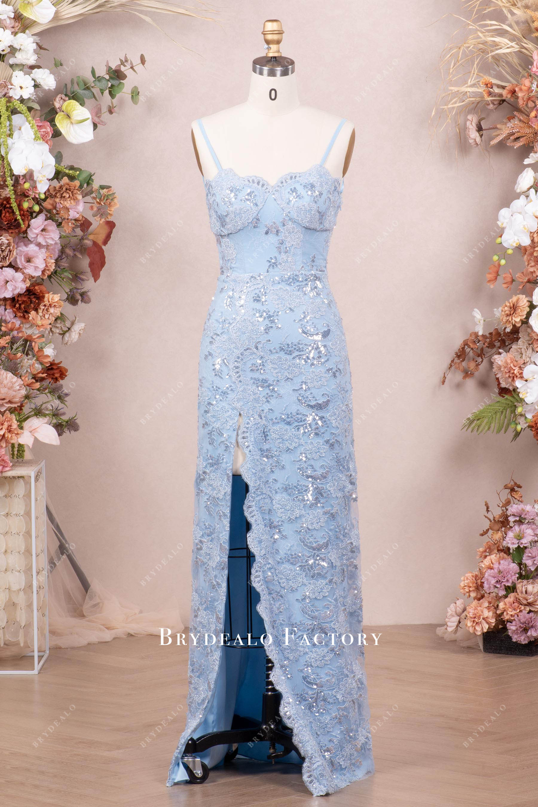 Lace And Chiffon Long Dress with Slit Slate Blue