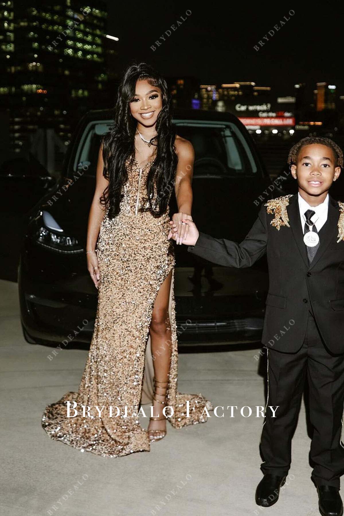 Champagne Sequined Strapless Slit Prom Dress