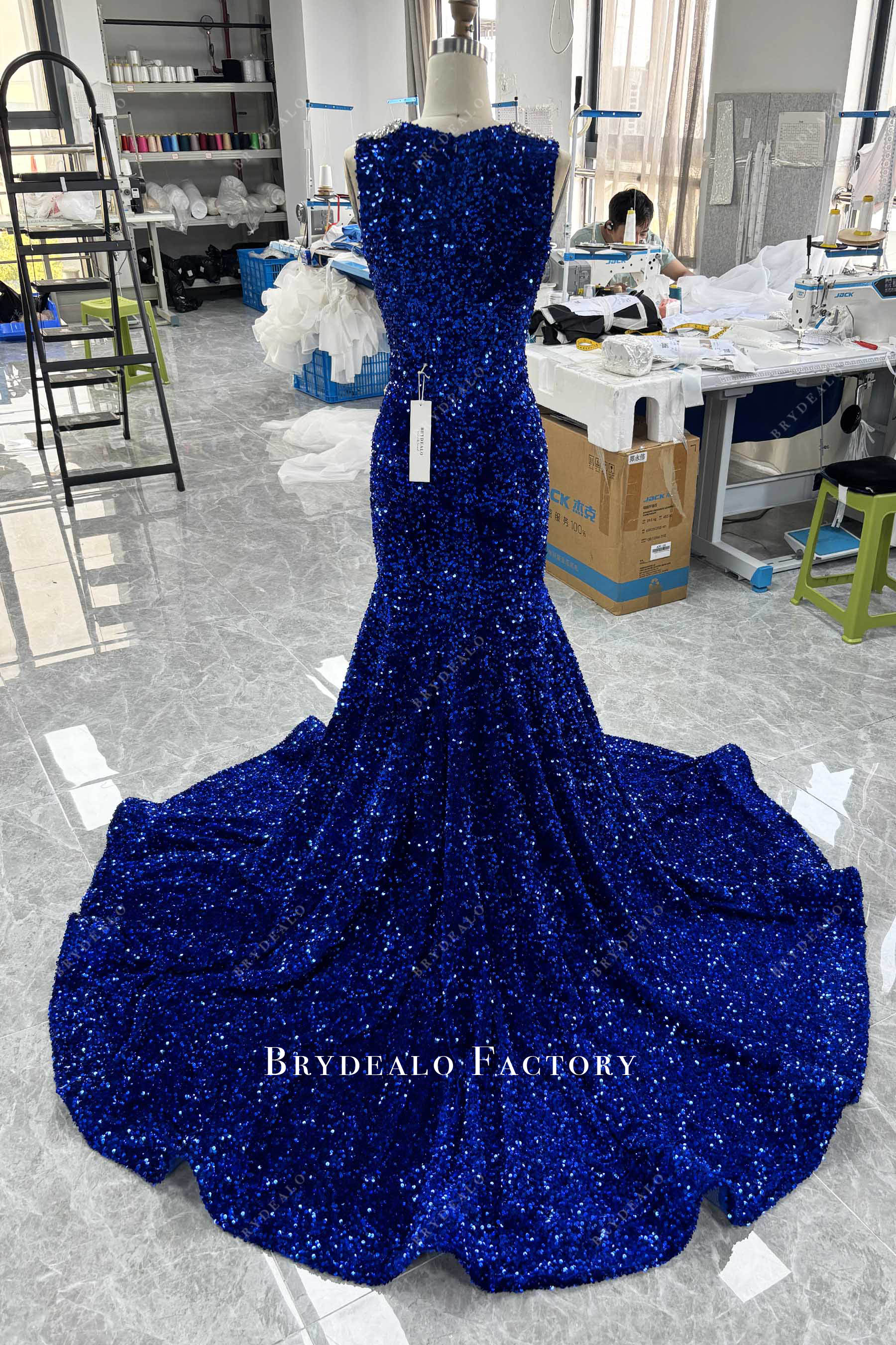 original long train sparkly sequined velvet prom dress