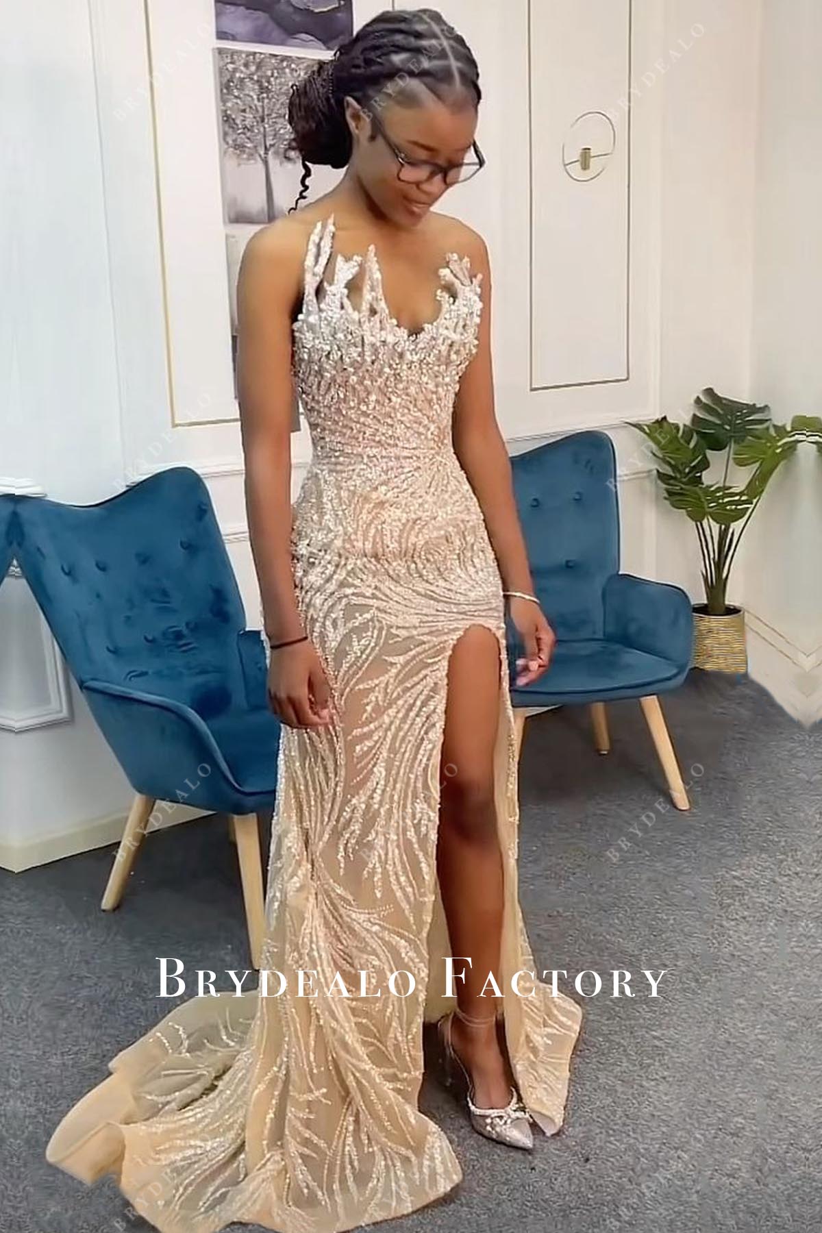 strapless open back dress Sparkly Strapless Sequin Pearl Slit Mermaid Horsehair Prom Formal Dress