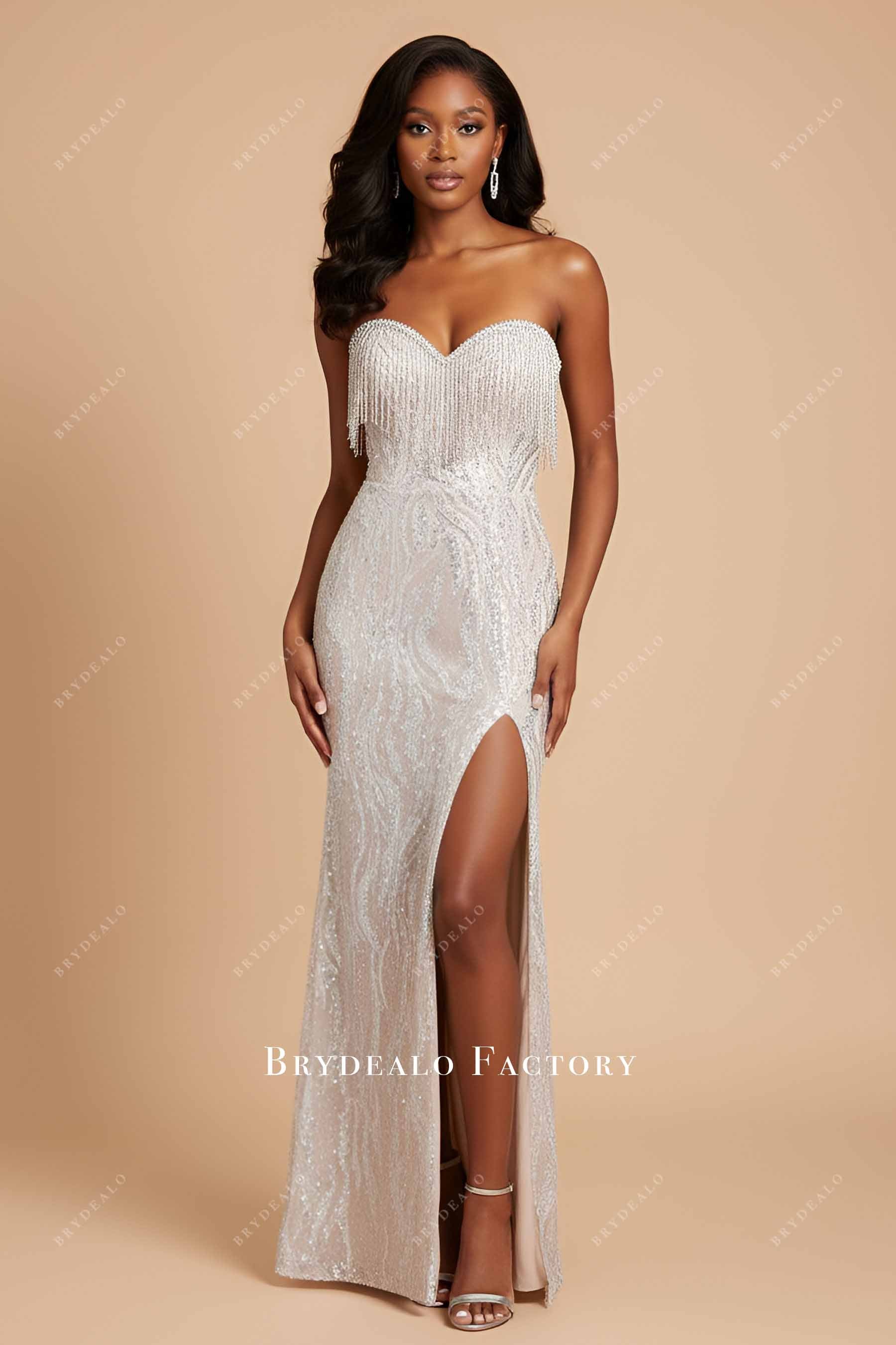 Sparkly Sequin Lace Strapless Tassel Mermaid Prom Dress