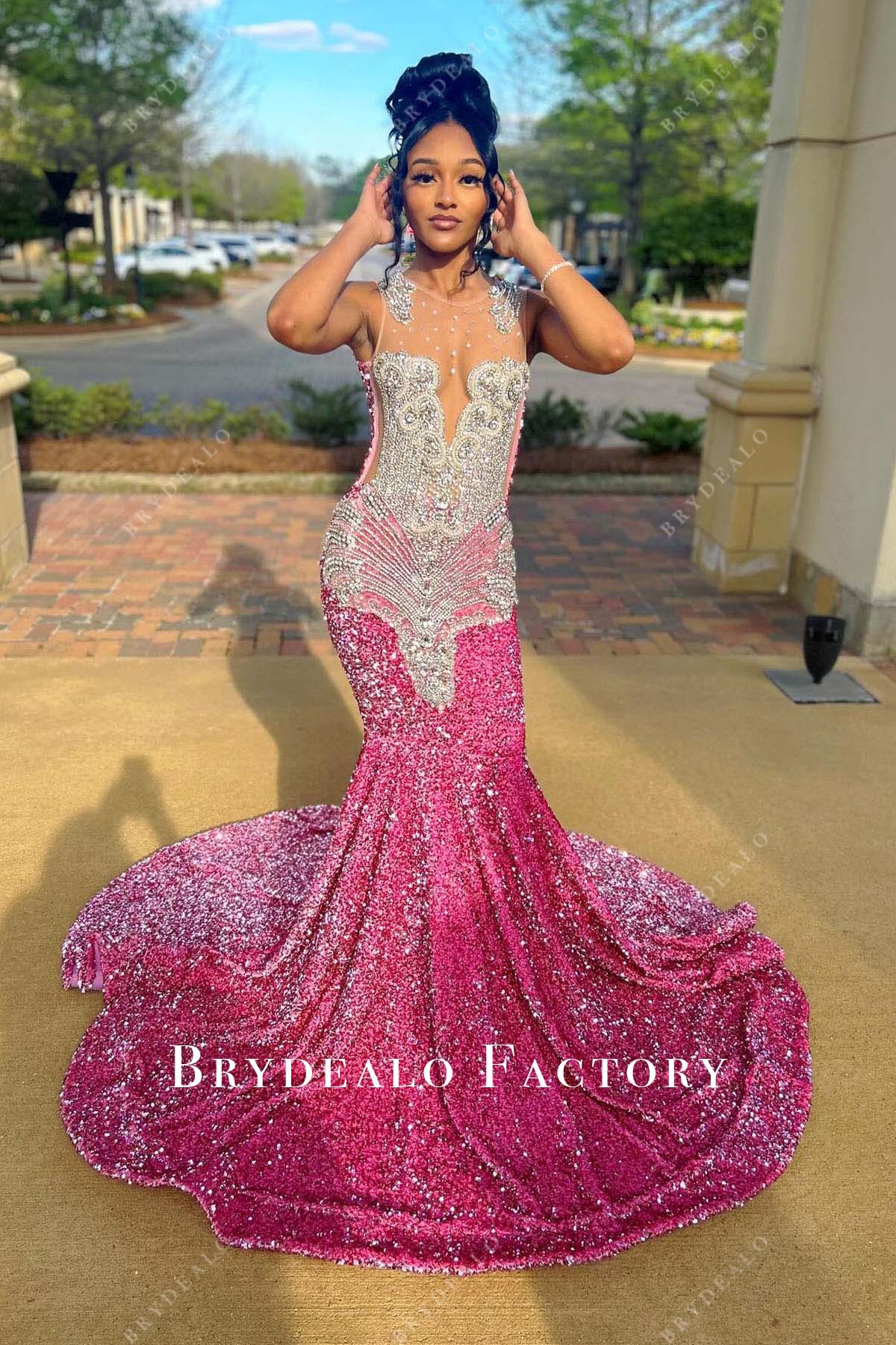 Rhinestones Hot Pink Sequined Trumpet Prom Dress