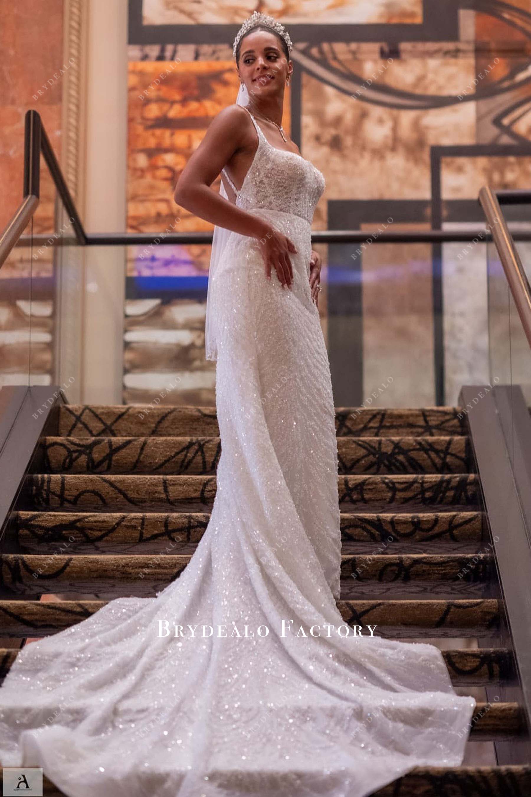 Horsehair Long Train Sleeveless Backless Allover Beading Bridal Dress Horsehair Long Train Sleeveless Backless Allover Beading Bridal Dress