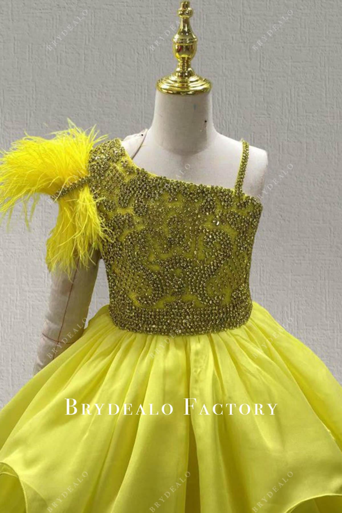 sparkly yellow asymmetrical neckline pageant dress