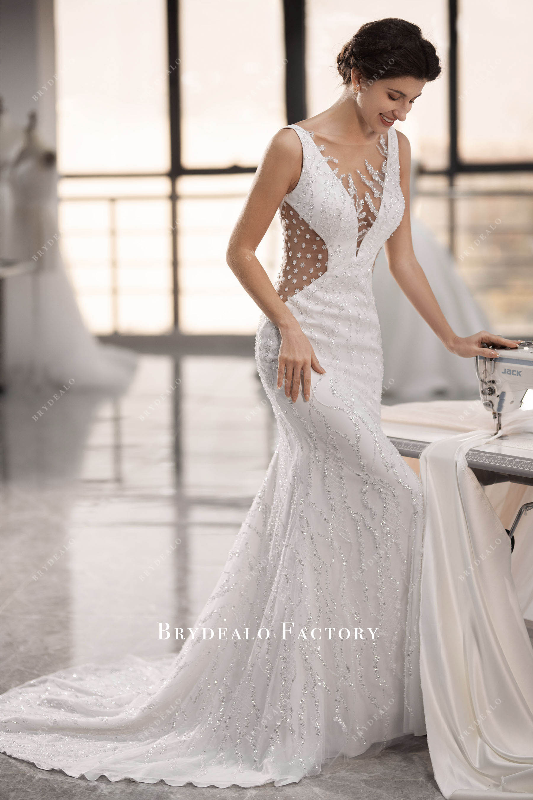 Sparkly Beaded Illusion Plunging Neck Mermaid Wedding Dress Sparkly Beaded Illusion Plunging Neck Mermaid Wedding Dress