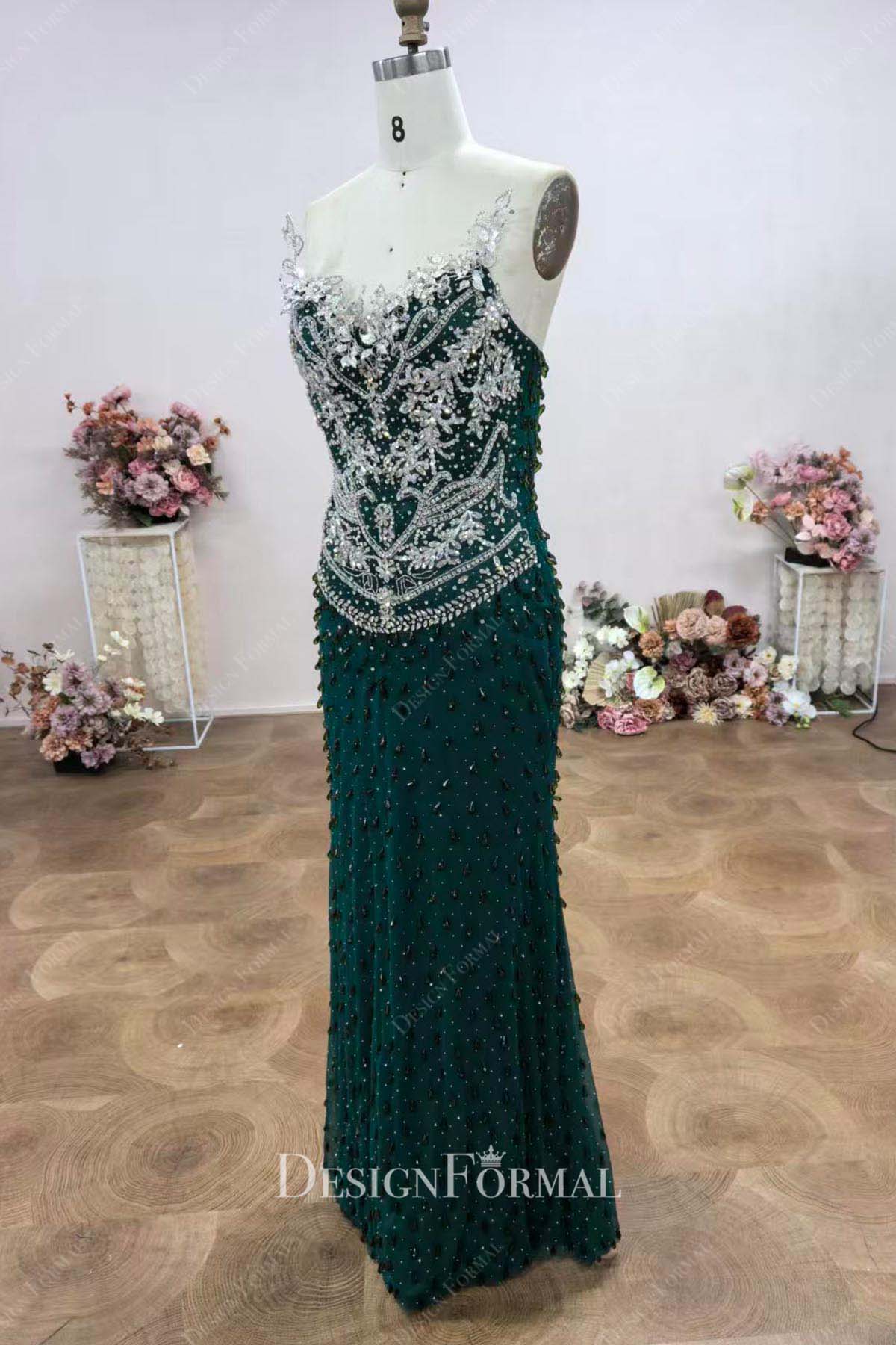 sparkly rhinestones dark green fit flare prom dress