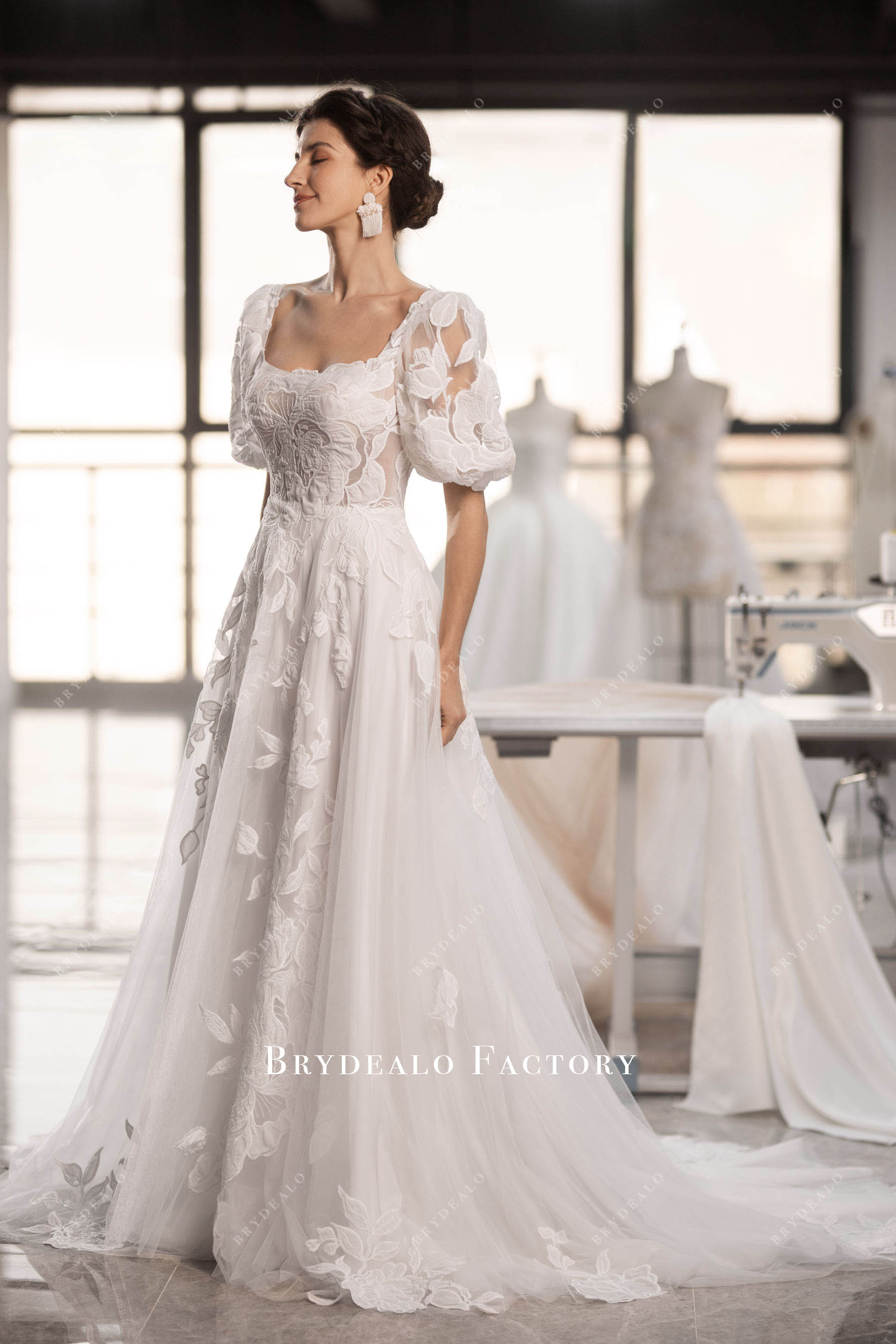 square neck puffy sleeve A-line wedding gown