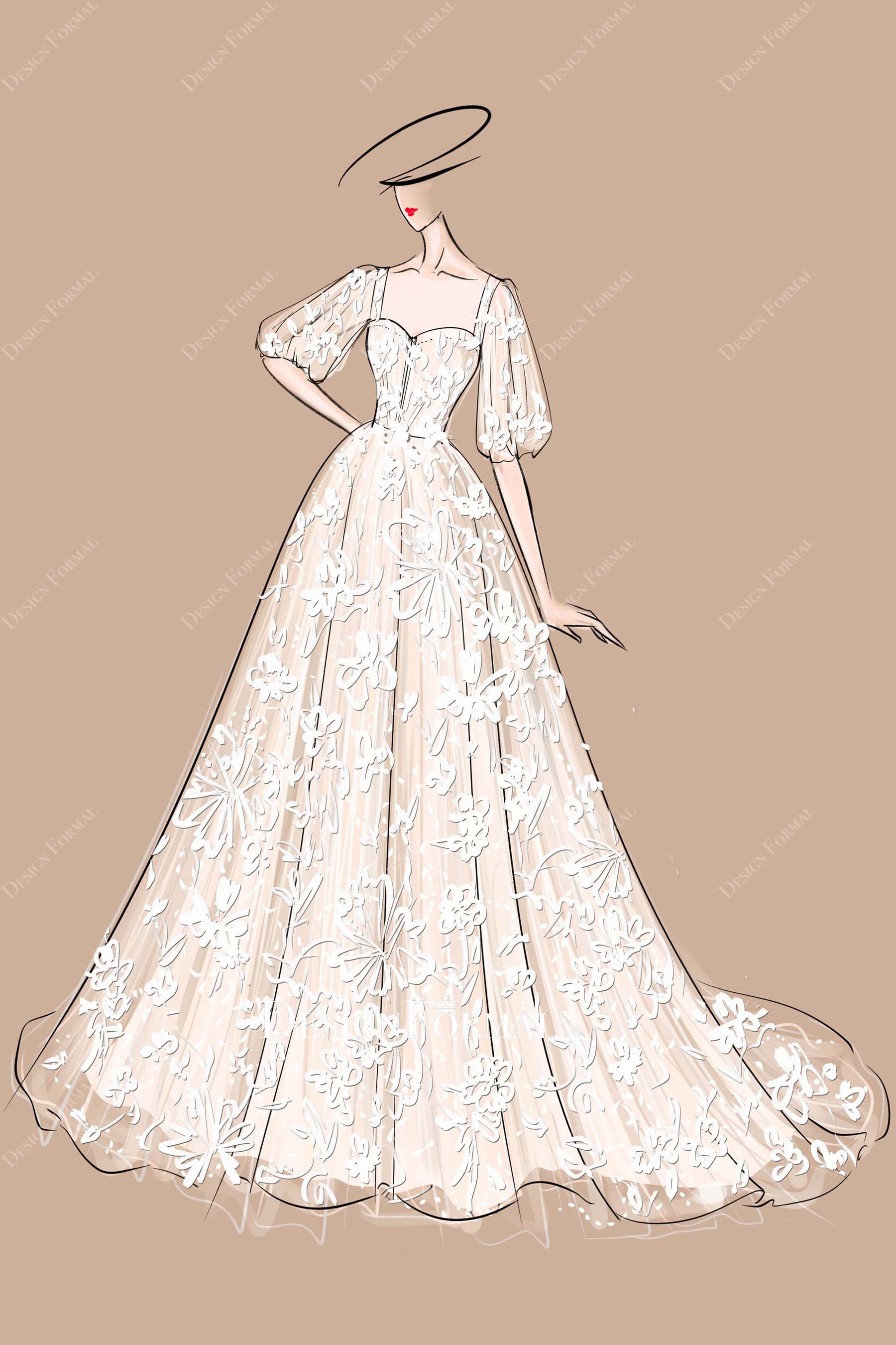 green emerald velvet dress Puffy Half Sleeve Lace Square Neck Wedding Dress Sketch