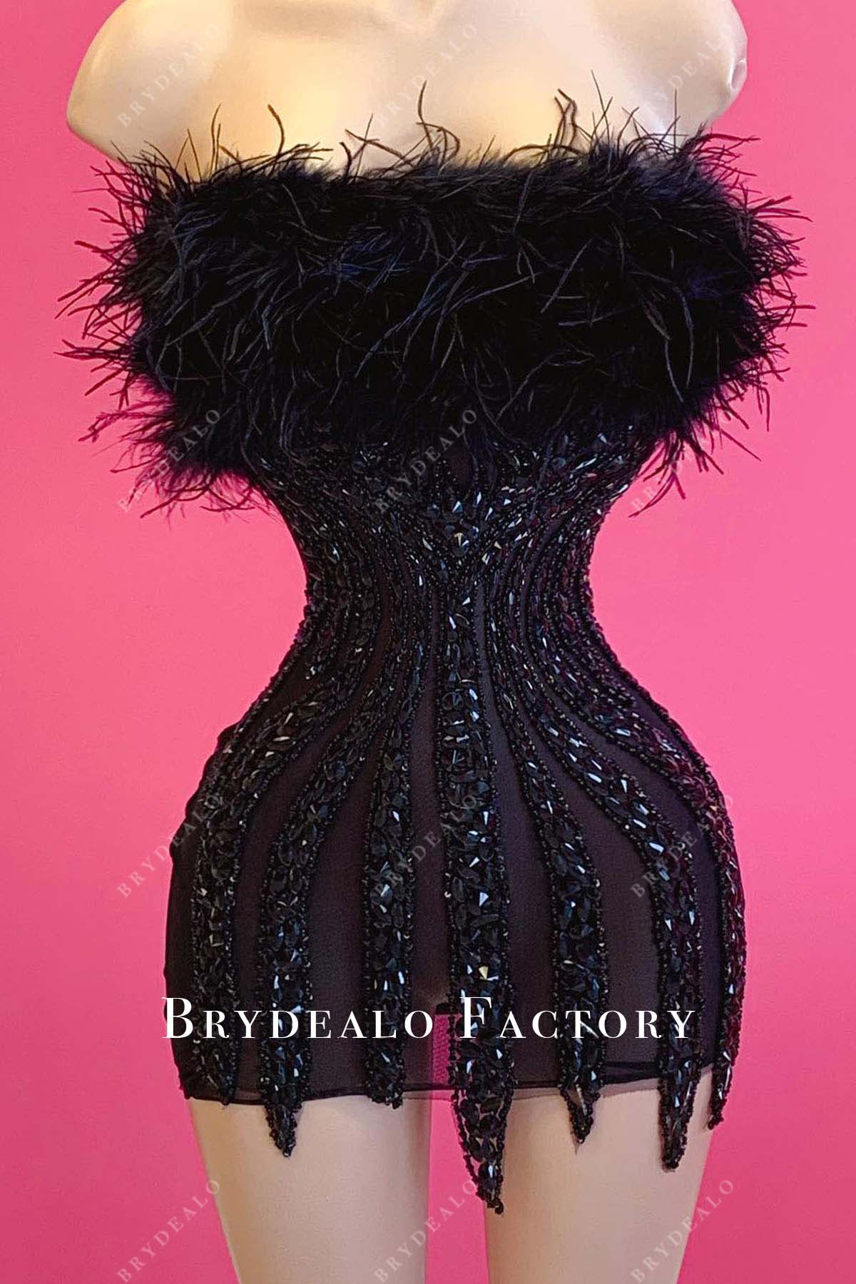 Black Strapless Feathered Crystal Mini Bodycon Cocktail Prom Dress Black Strapless Feathered Crystal Mini Bodycon Cocktail Prom Dress