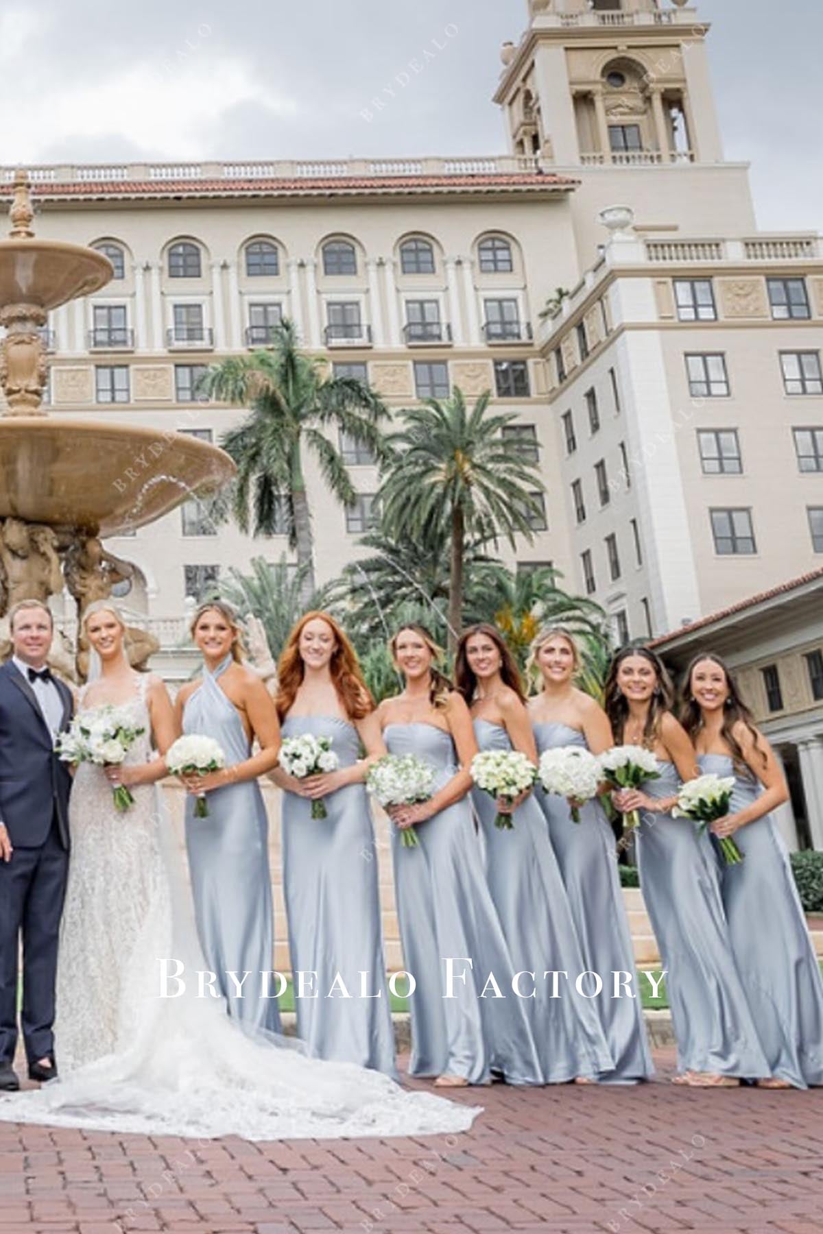 steel blue floor length mismatched bridesmaid dresses