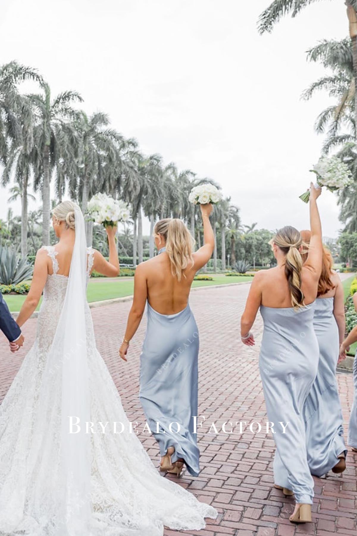 steel blue open back mismatched bridesmaid dresses