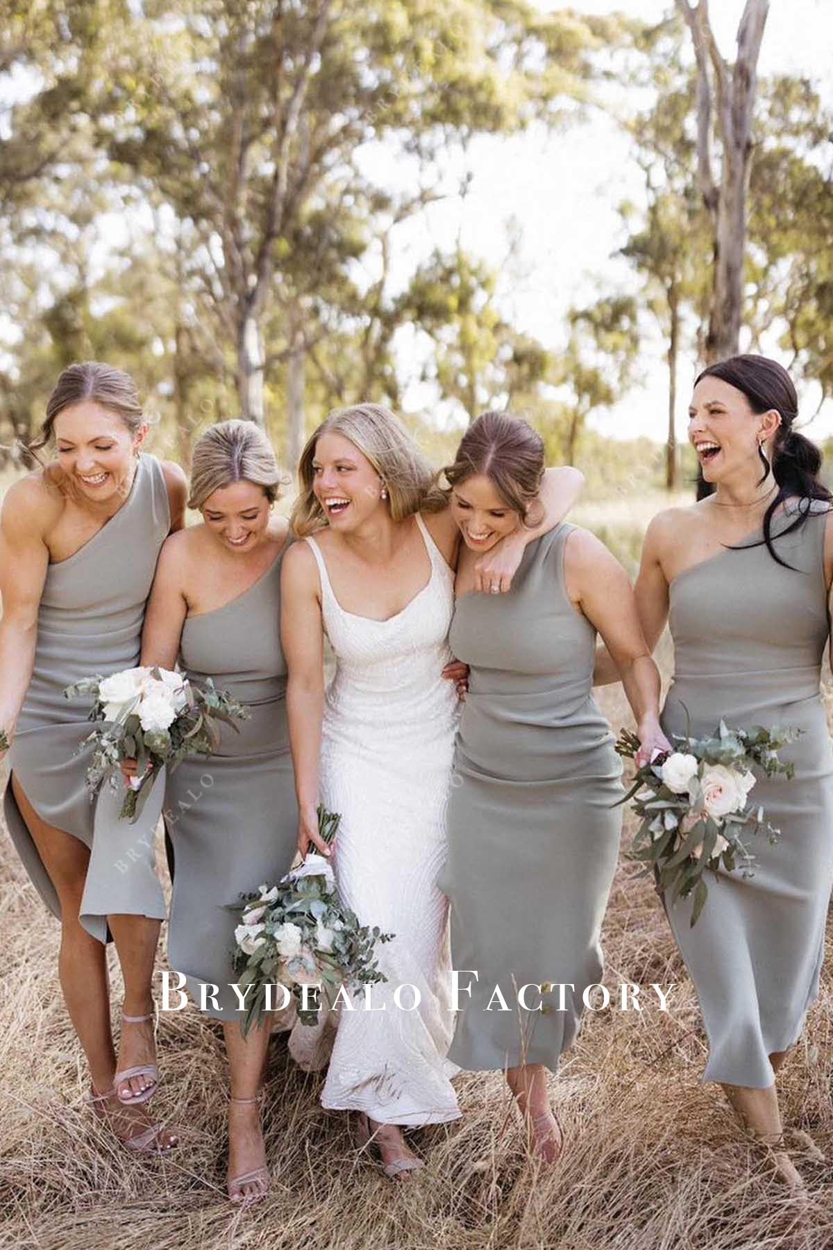 Steel Grey One Shoulder Slit Tea Length Bridesmaid Dress