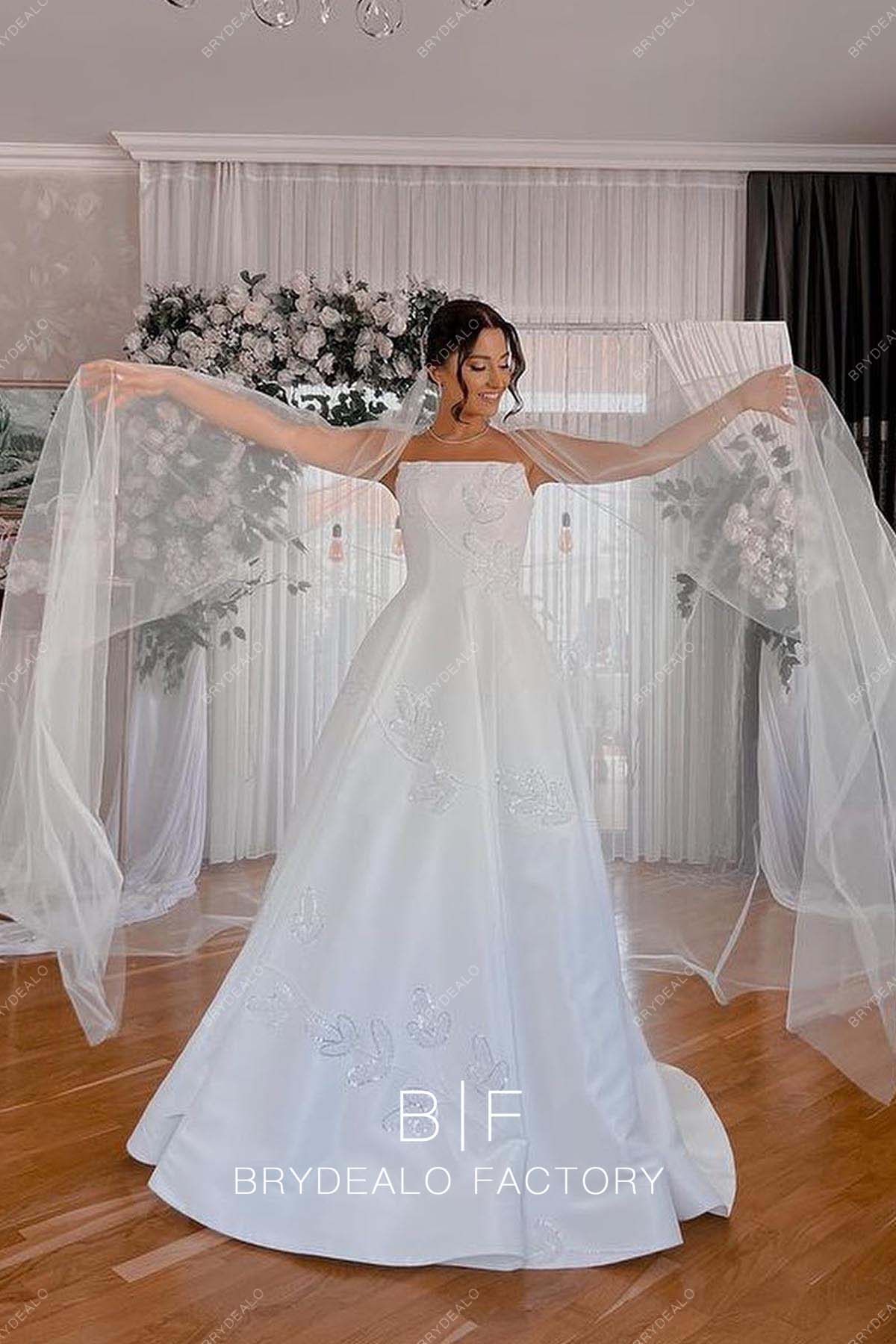 Dreamy Ball Gown Strapless Satin Applique With Veil Gloves Long Wedding Dresses