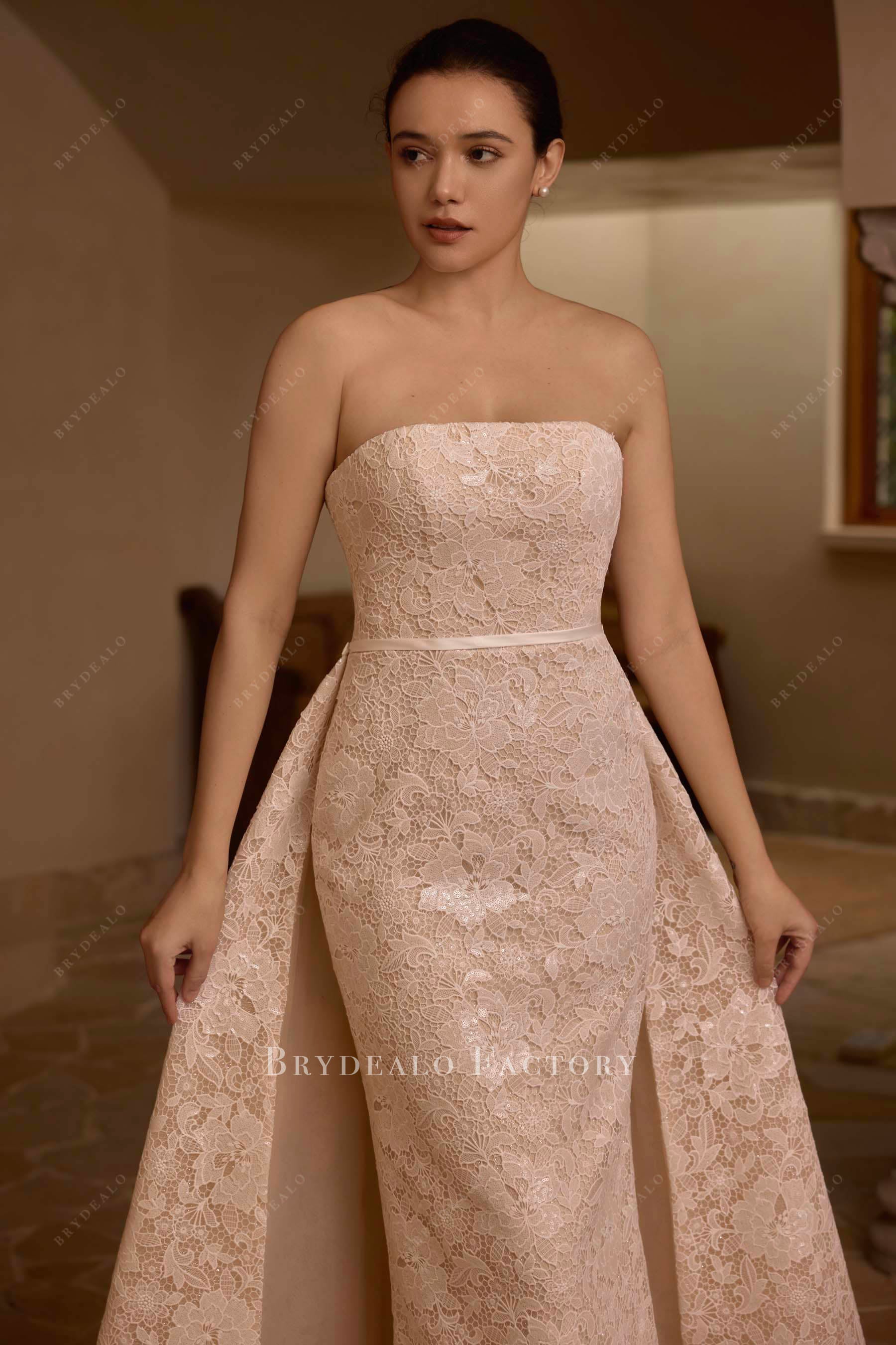 straight across satin belt lace wedding dress