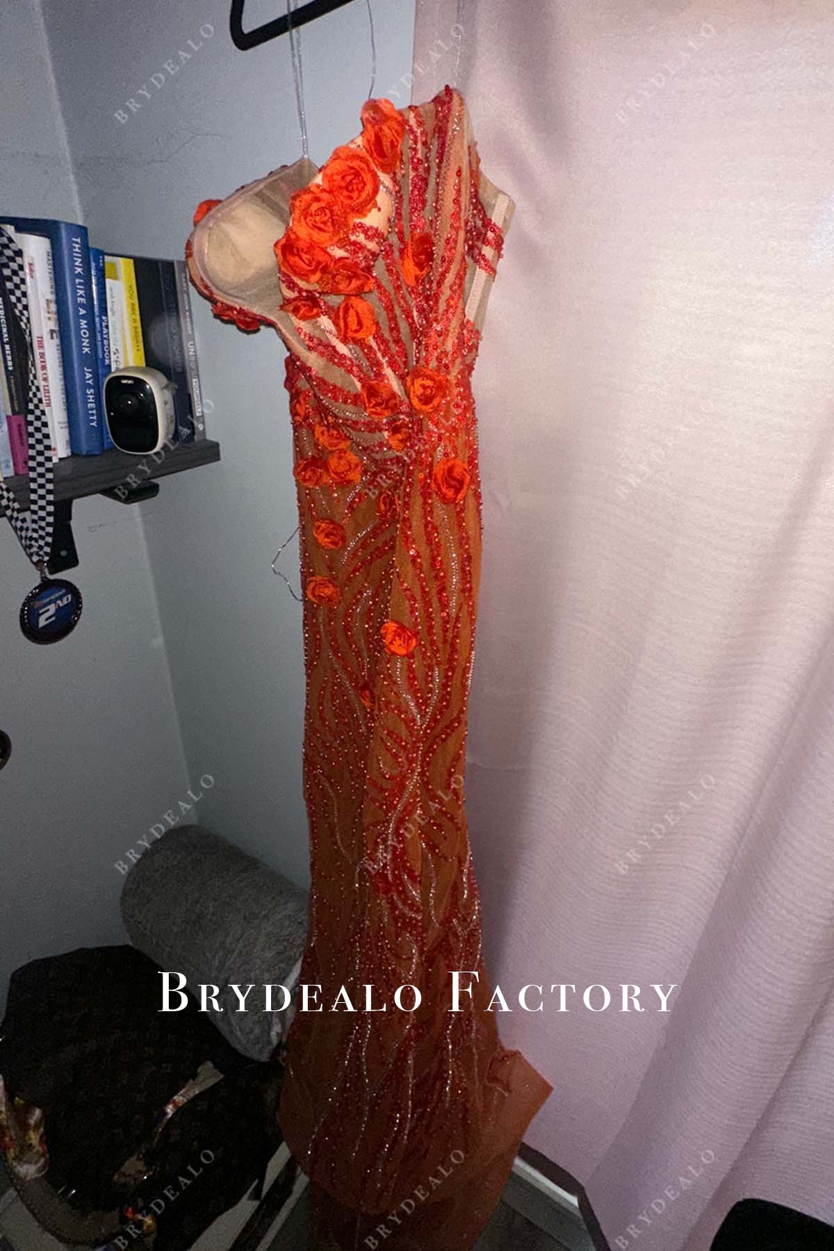 strapless 3D florals shiny mermaid prom dress