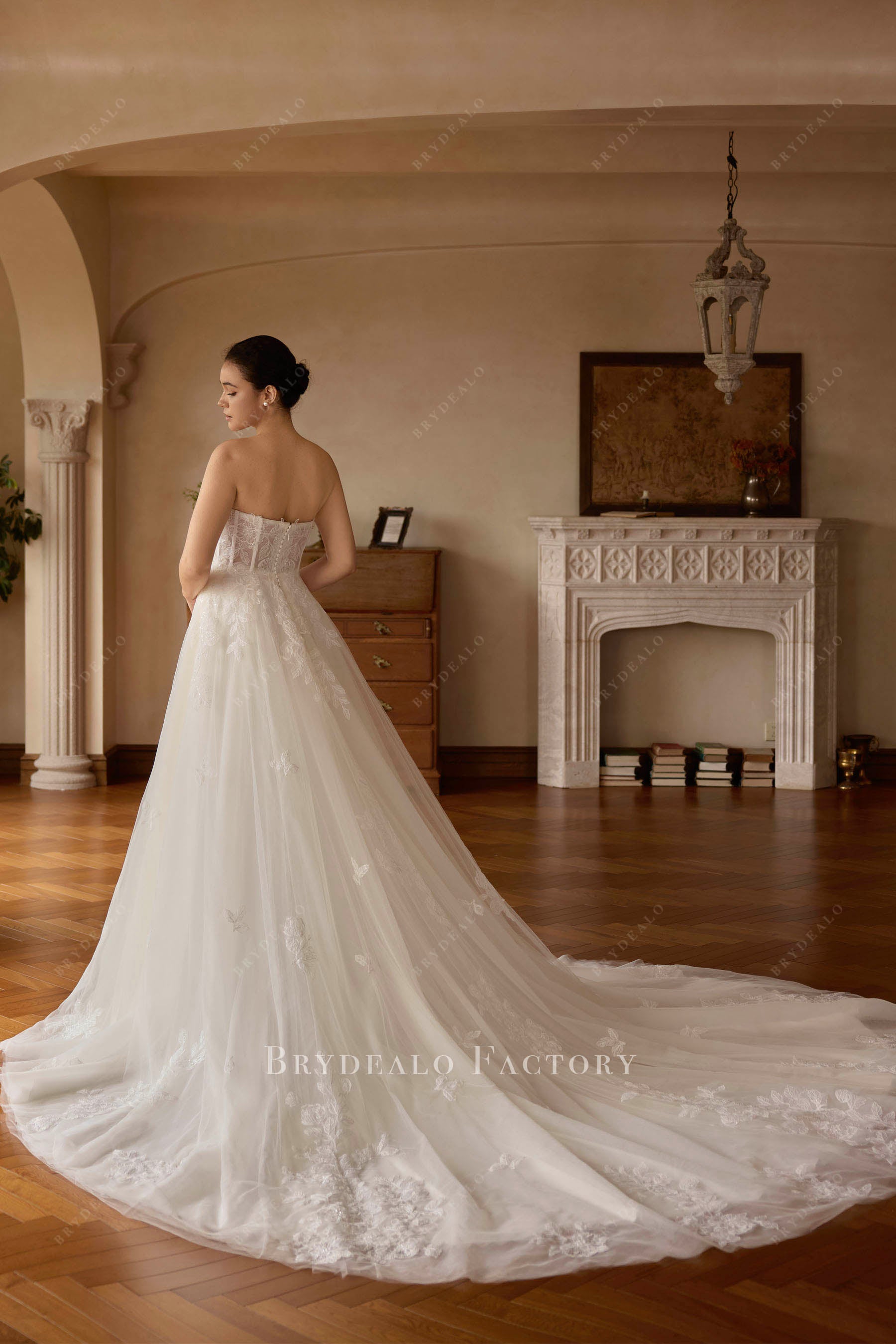 strapless Aline cathedral train wedding dress
