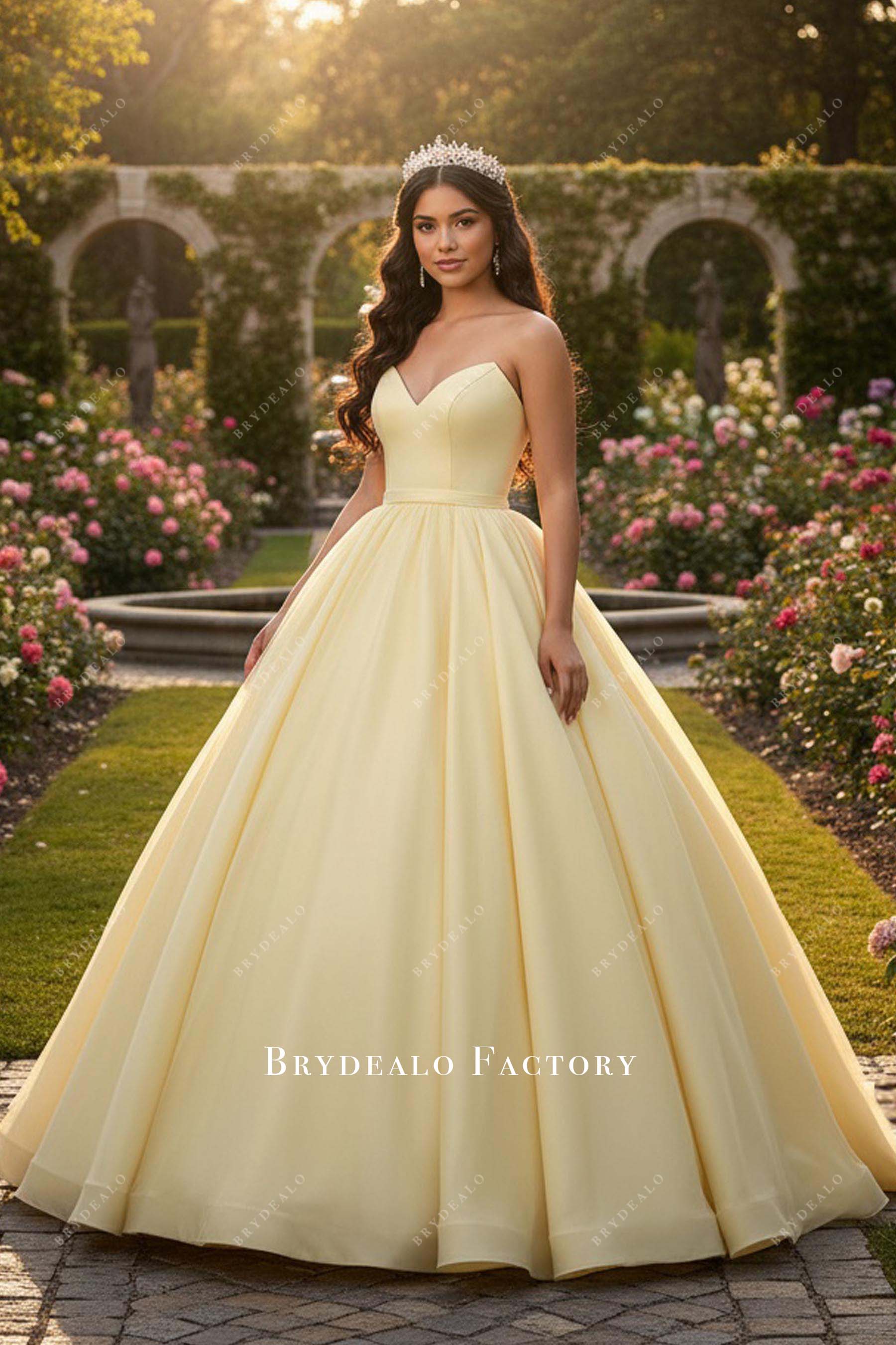 yellow and white wedding dress Yellow Satin V-neck Strapless Elegant Quinceanera Sweetheart 16 Dress