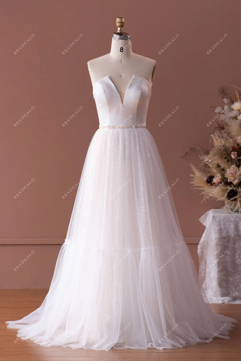 strapless V-neck custom wedding dress