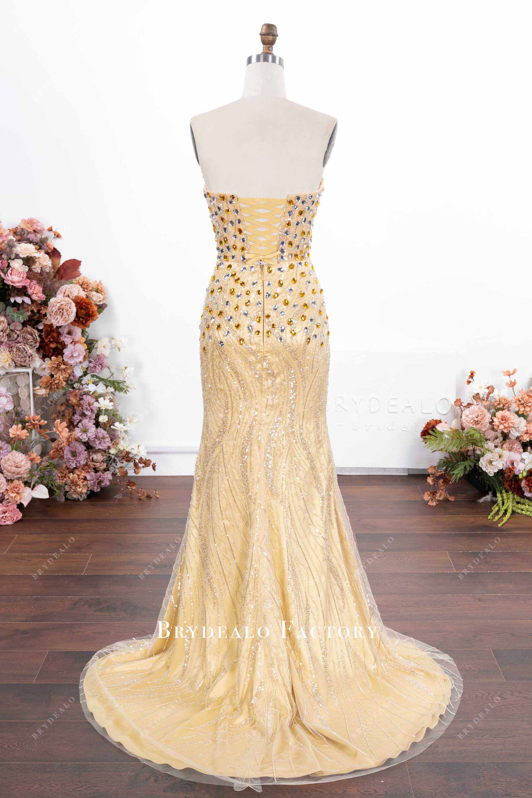 strapless beaded lace sweep train prom dress