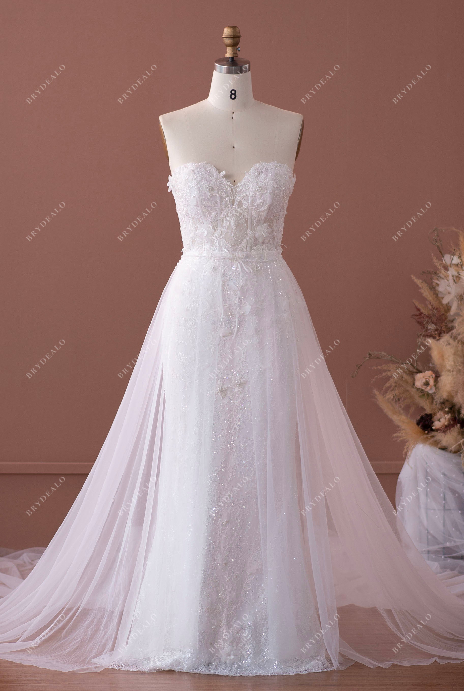 Romantic 3D Lace Corset Mermaid Bridal Dress with Overskirt Romantic 3D Lace Corset Mermaid Bridal Dress with Overskirt