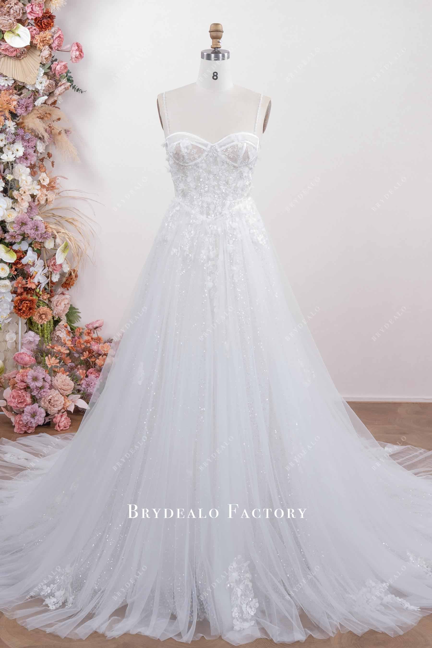 strapless custom sparkly flower tulle wedding dress