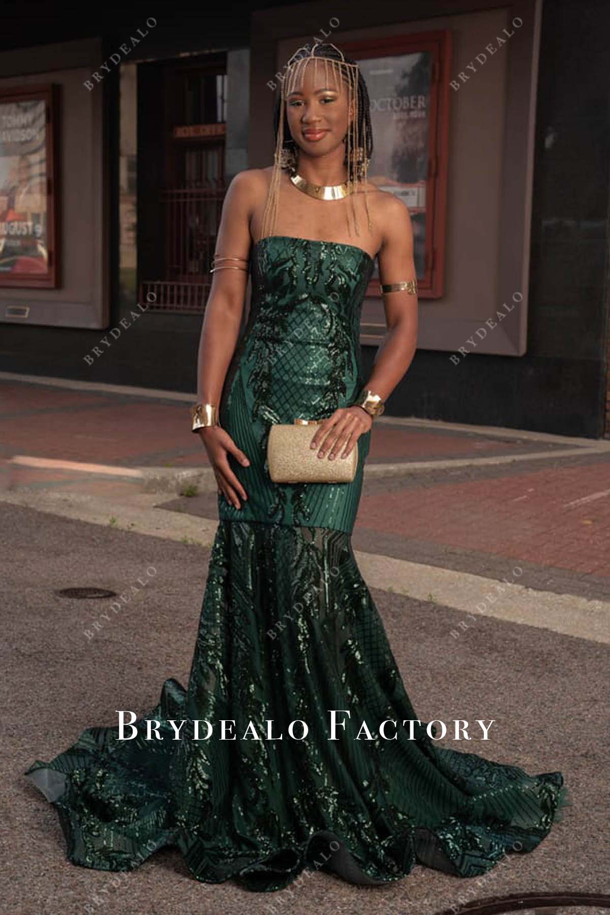 strapless green embroidery sequin long prom dress