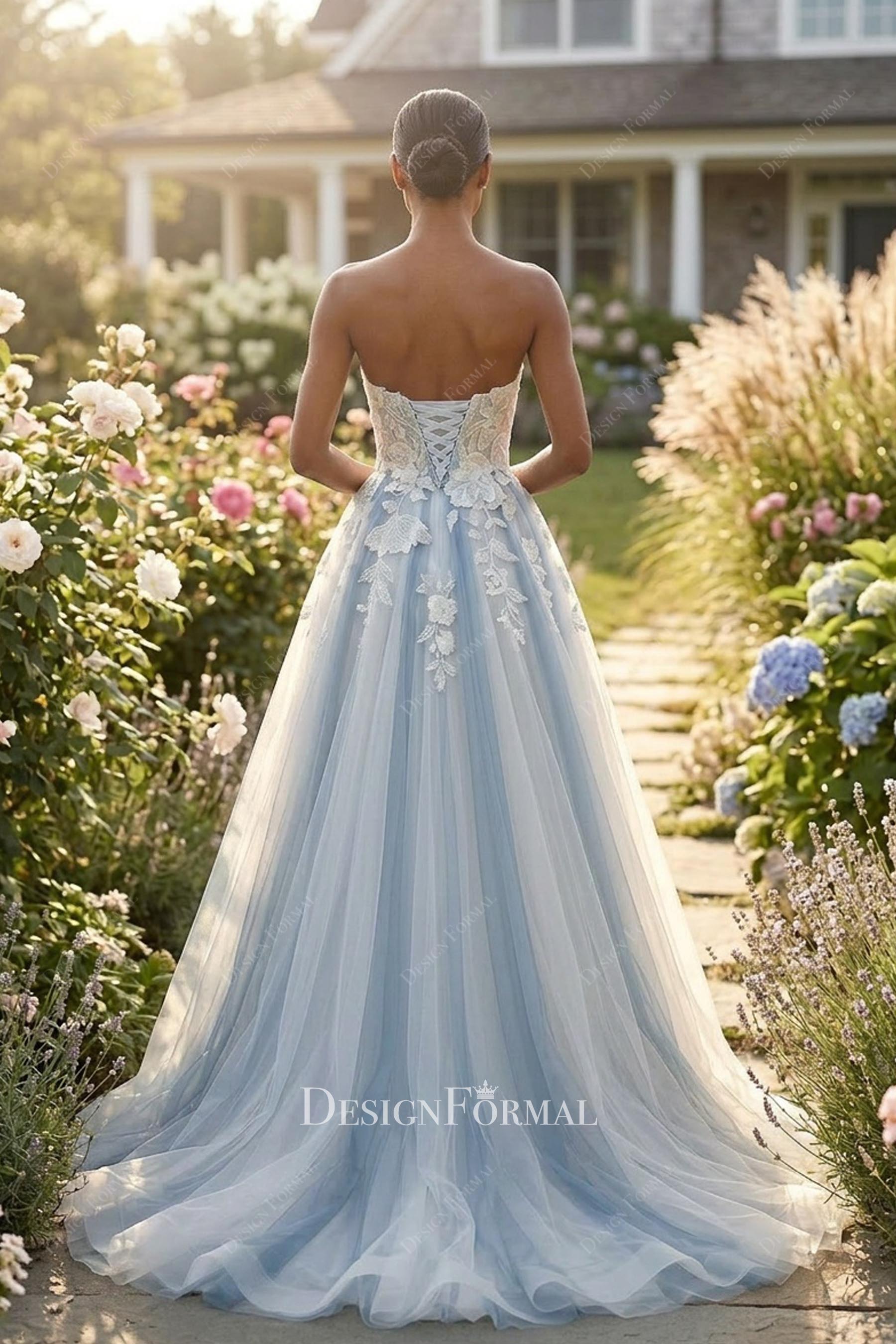 strapless lace appliques lace up back bridal dress