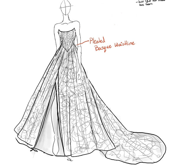 strapless lace slit wedding dress sketch