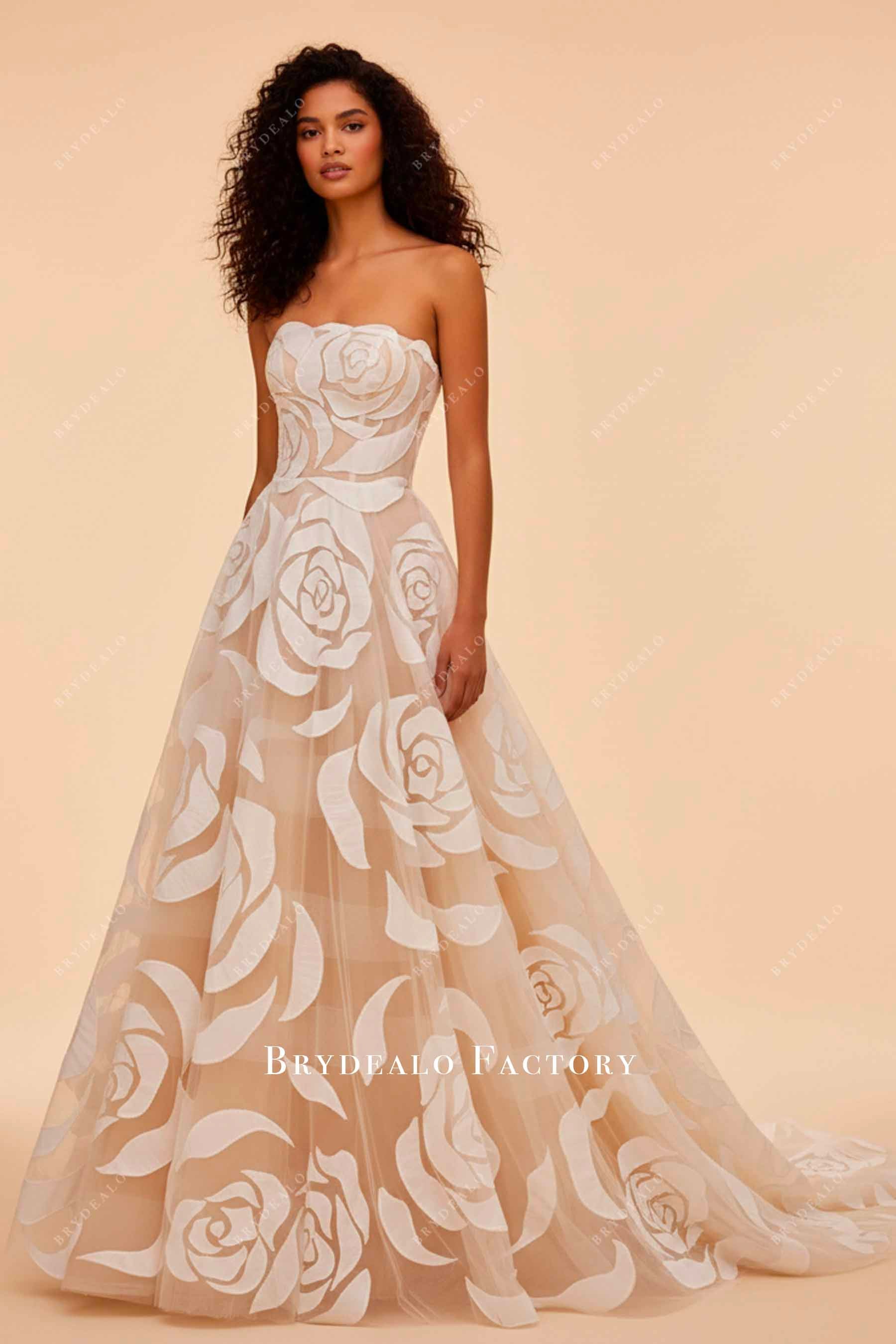 Romantic Floral Lace Strapless A-Line Wedding Dress, White Romantic Floral Lace Strapless A-Line Wedding Dress, White
