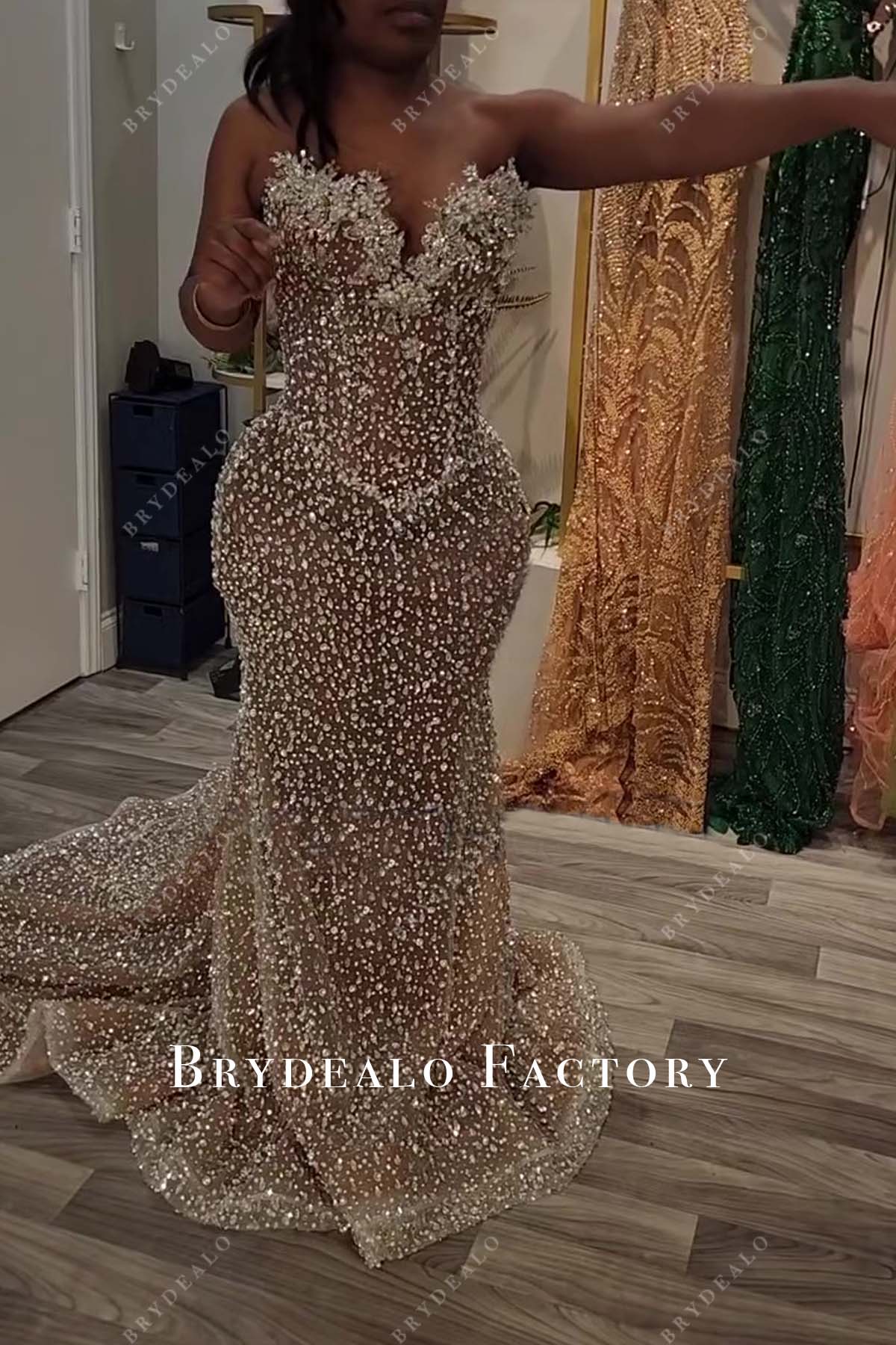 Strapless Rhinestones Crystals Brown Mermaid Prom Dress