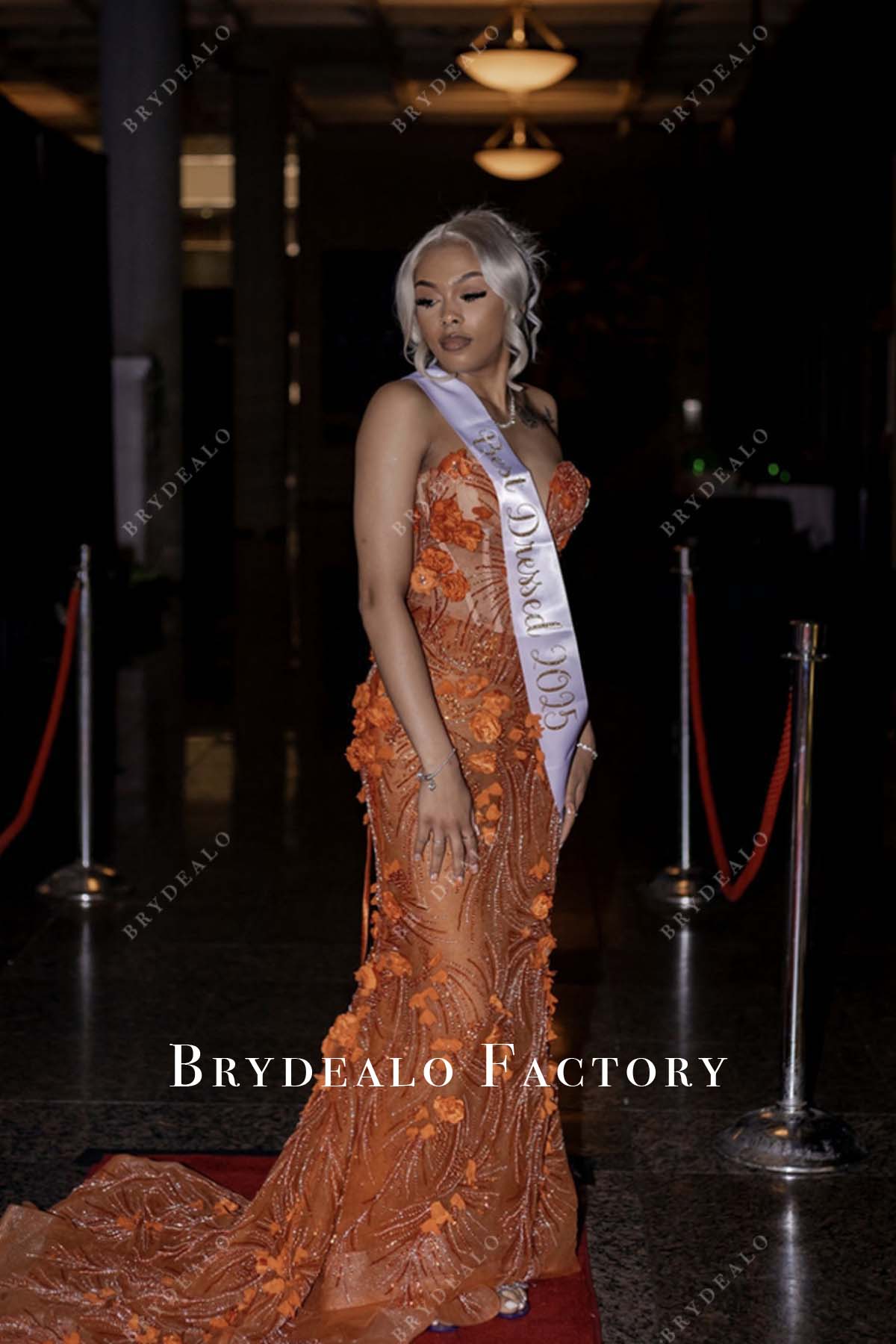 3D flowers strapless orange prom queen dress