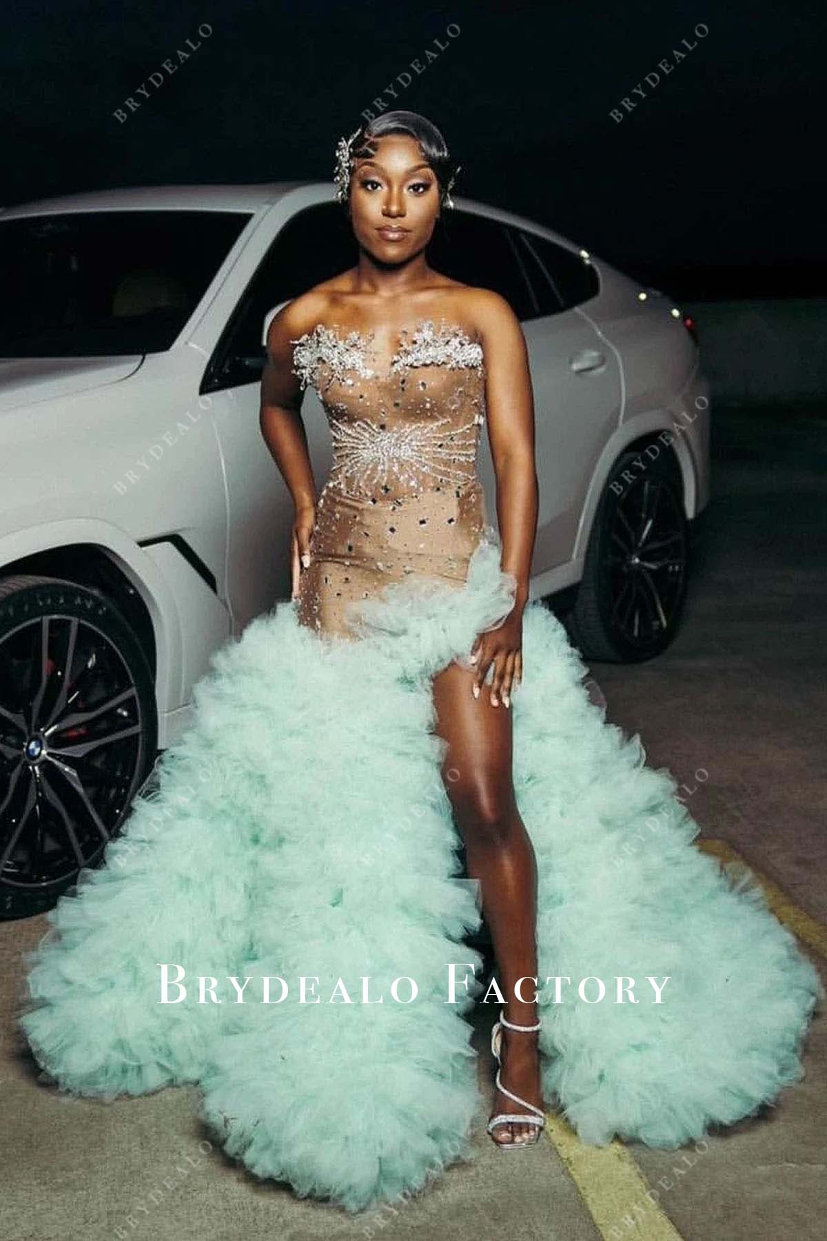 Shimmer Two-Tone Slit Mint Ruffled Floor Length Prom Dress Shimmer Two-Tone Slit Mint Ruffled Floor Length Prom Dress