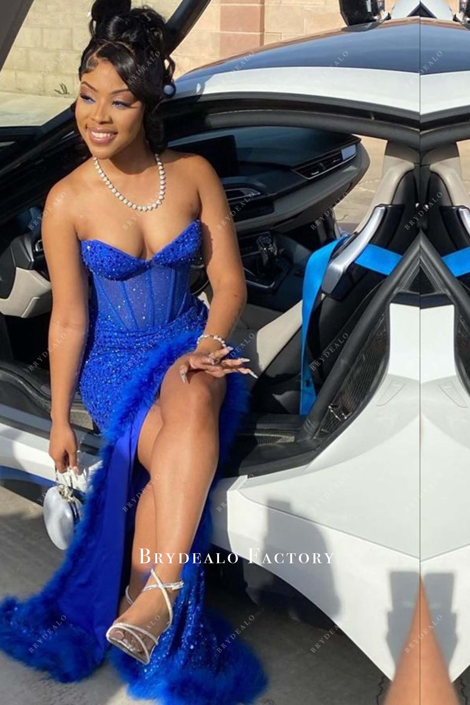 Strapless Royal Blue Sparkly Sequin Corset Feather Slit Prom Dress