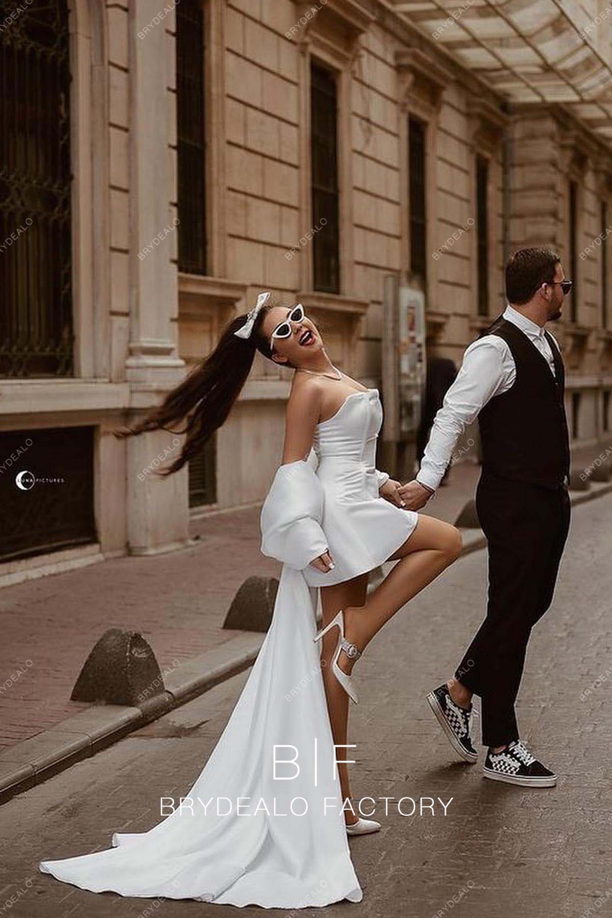 White Satin Custom Off Shoulder Short Casual Wedding Dress White Satin Custom Off Shoulder Short Casual Wedding Dress