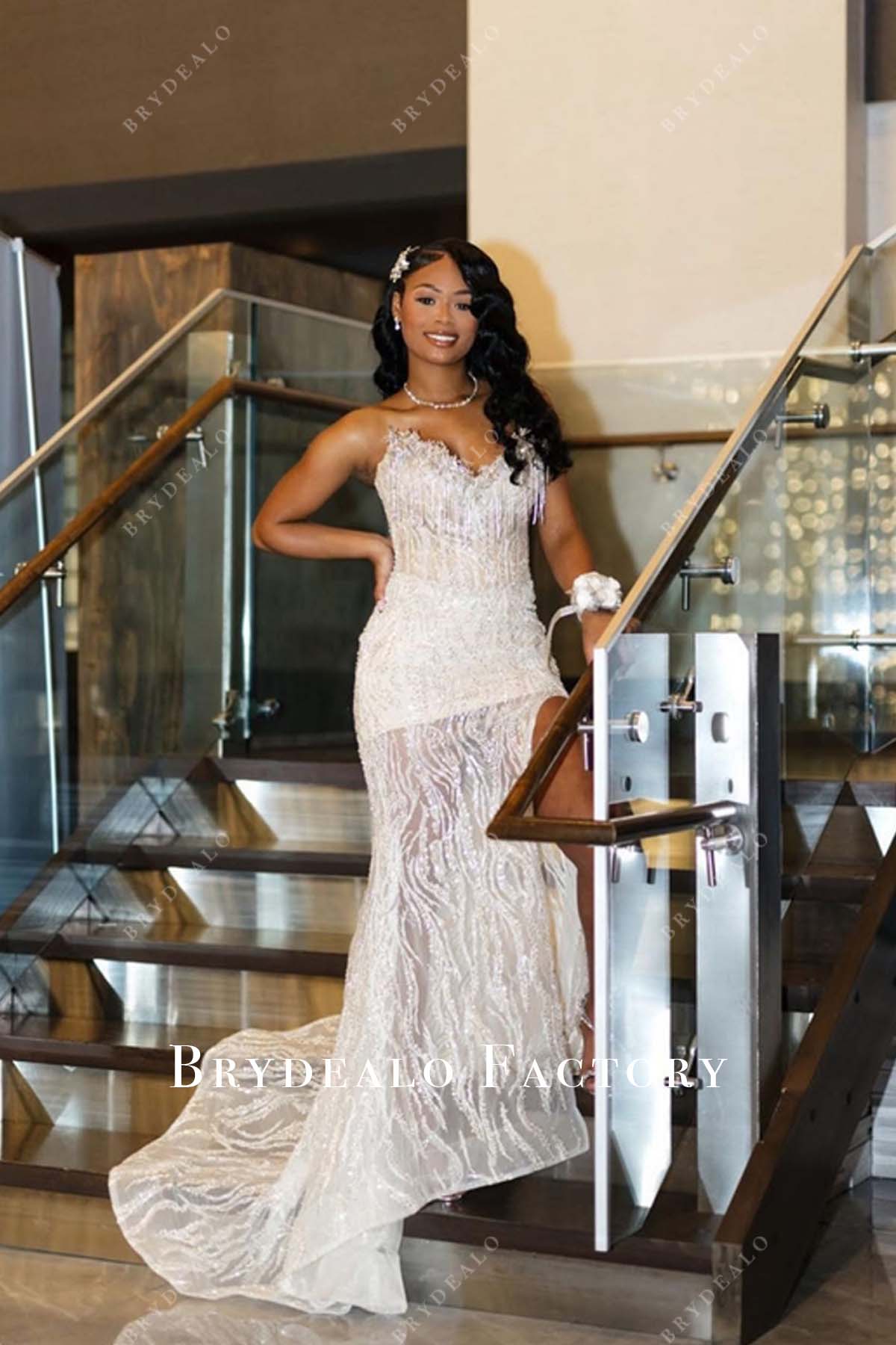 Strapless Rhinestone Tassel Sparkly Long Train Prom Dress