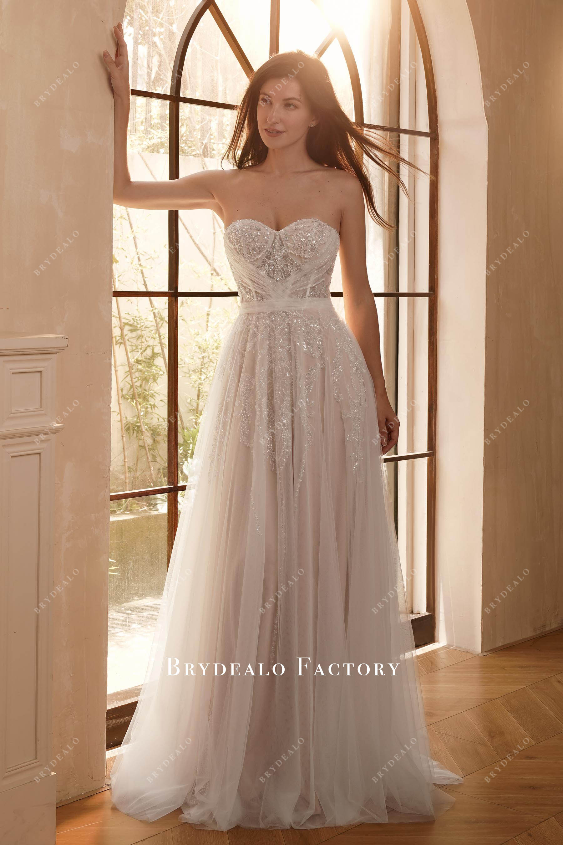 Sparkly Beaded Strapless Nude Beige A-line Sweep Train Bridal Dress, Nude Beige