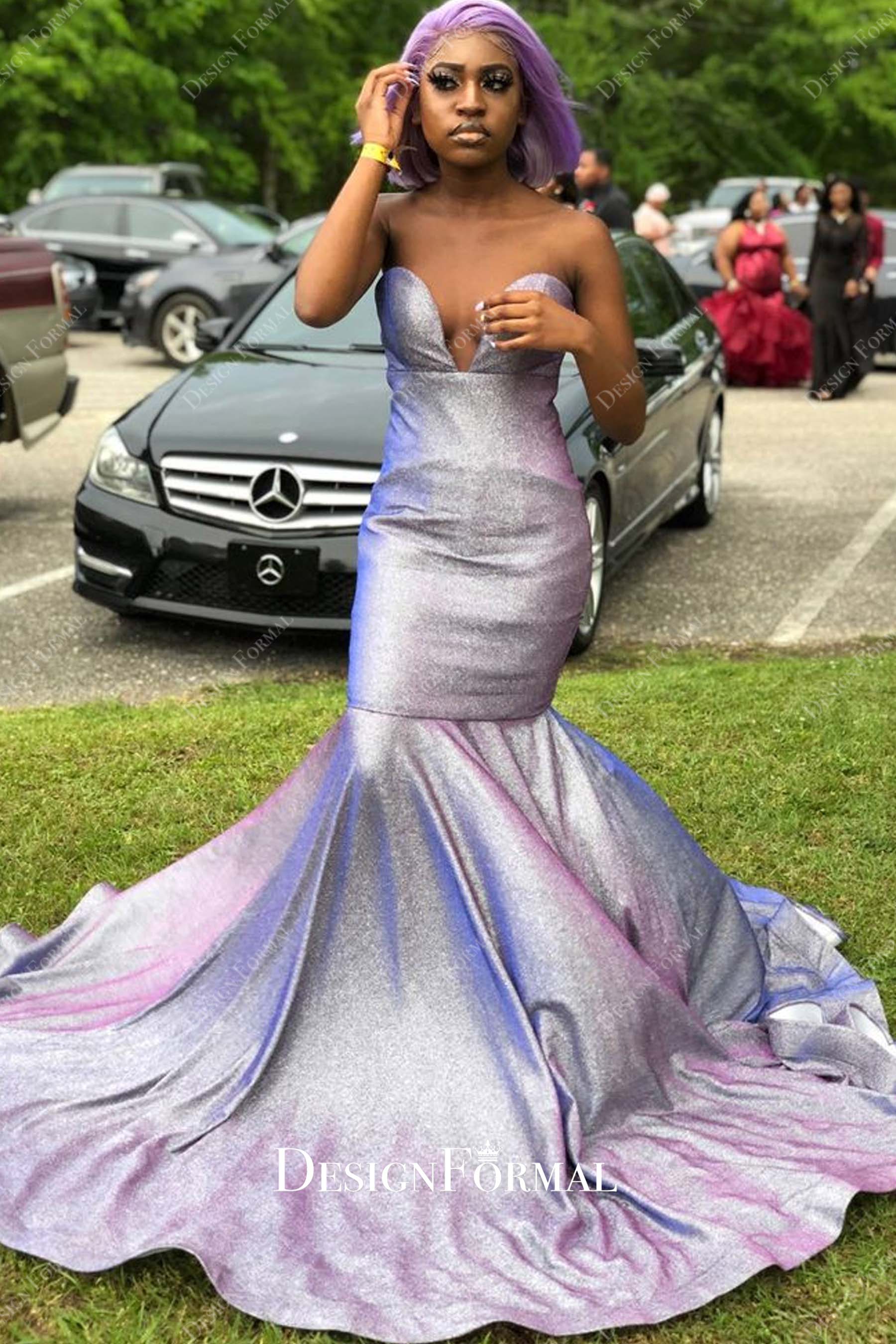 Strapless Ombre Purple Glitter Plunging Trumpet Long Prom Dress