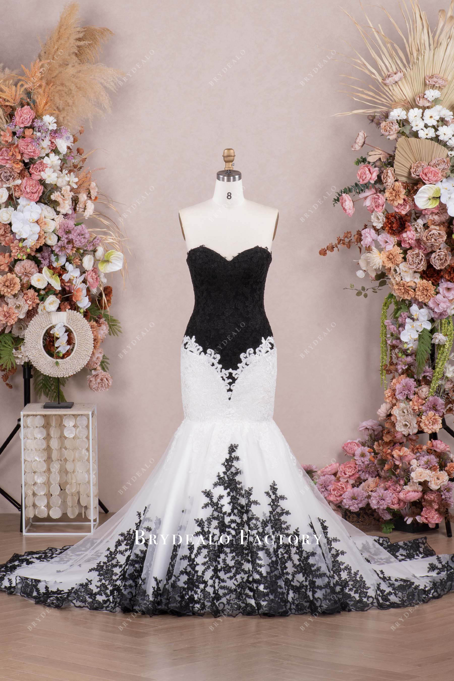 Strapless Black White Lace Corset Trumpet Goth Wedding Dress